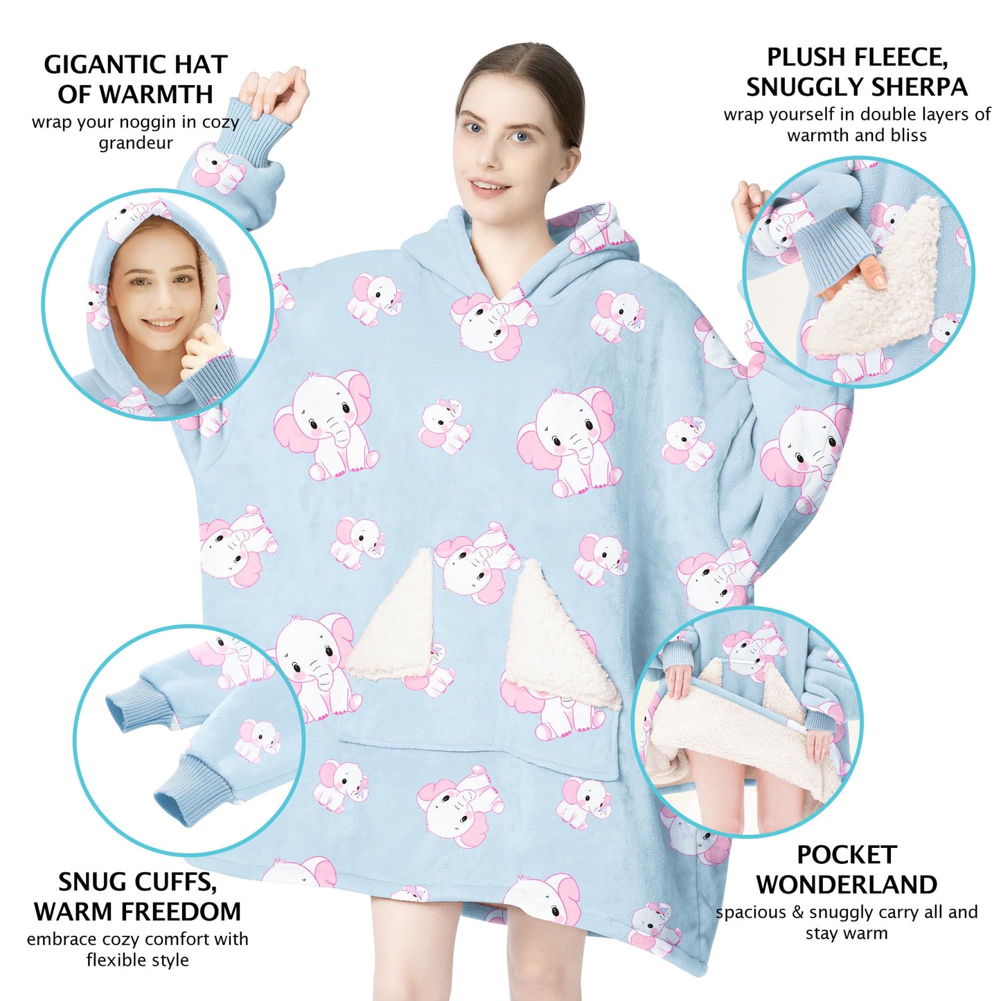 Touchat Wearable Blanket Hoodie, Oversized Sherpa Fleece Sweatshirt Blanket with Giant Hood Pocket and Sleeves for Adult, Warm & Cozy Grey Blanket Gifts for Women