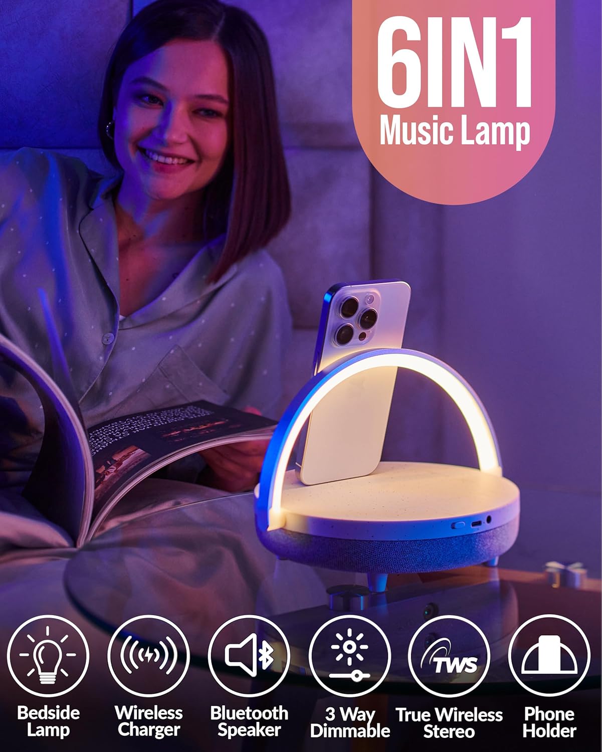 Bedside Lamp with Wireless Charger, Birthday Gifts for Women, 6 in 1 Touch Bedside Lamp, Portable Bluetooth Speaker, Gift for Her, Mom, Dad, Mens Gifts for Birthday Unique