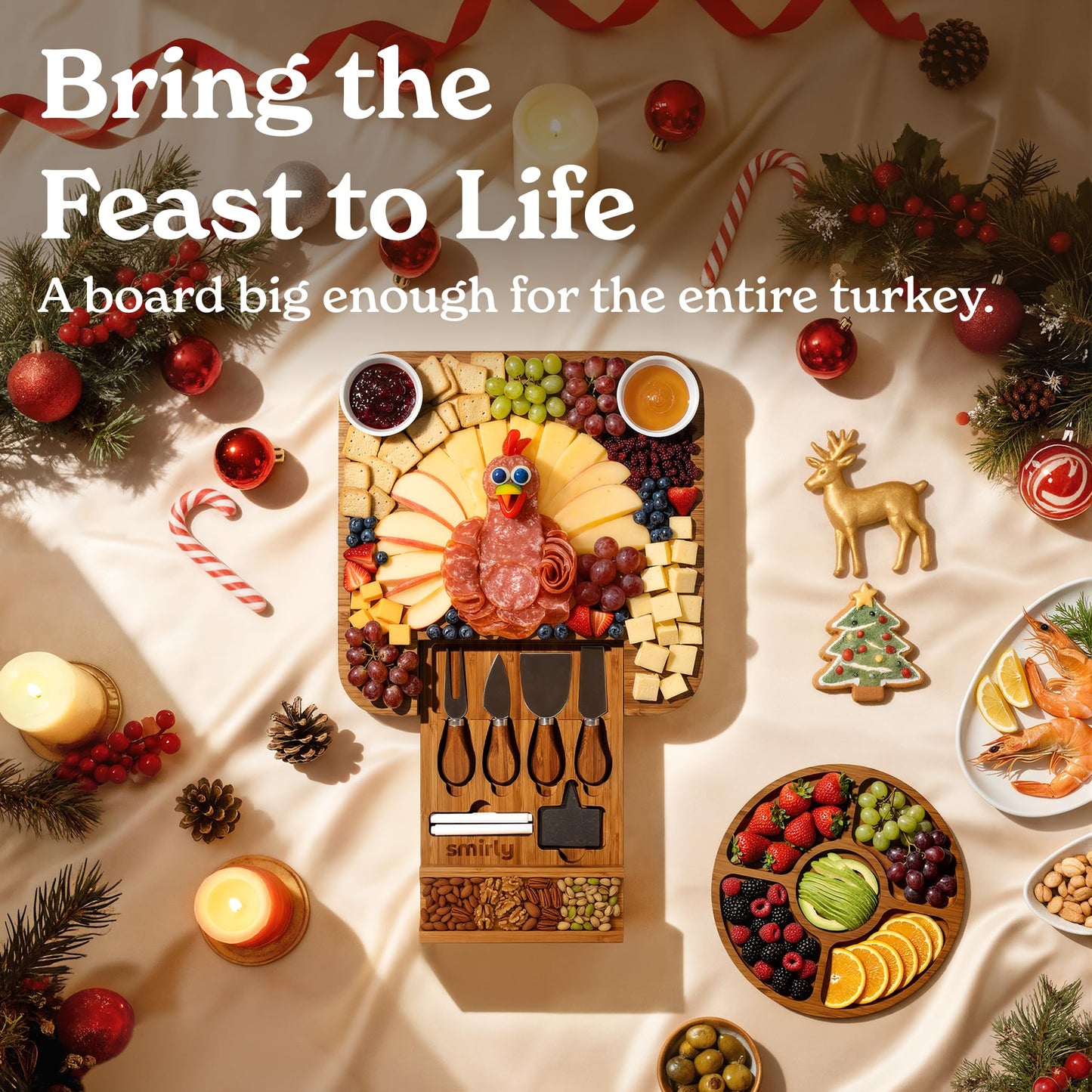 Smirly Charcuterie Board Set - Large Bamboo Cheese Board for Serving - House Warming Gifts New Home, Wedding & Bridal Shower Gift, Birthday Gift for Women