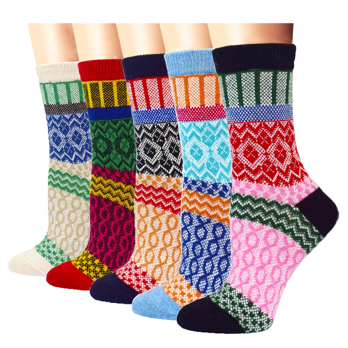 YZKKE 5Pack Womens Vintage Winter Soft Warm Thick Cold Knit Wool Crew Socks, Multicolor, free size