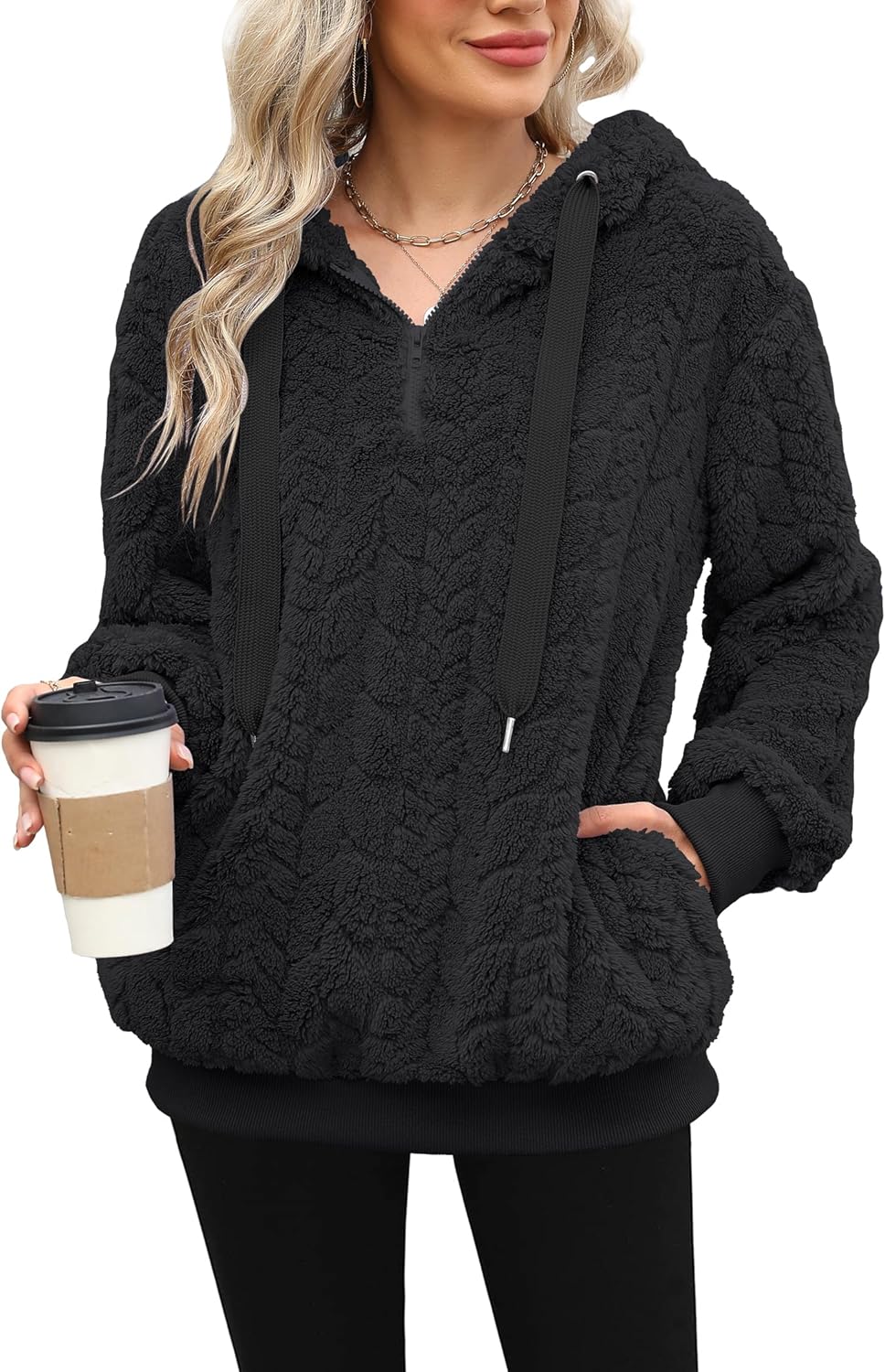 ReachMe Womens Oversized Sherpa Pullover Hoodie with Pockets Fuzzy Fleece Sweatshirt Plaid Fluffy Jacket Coat