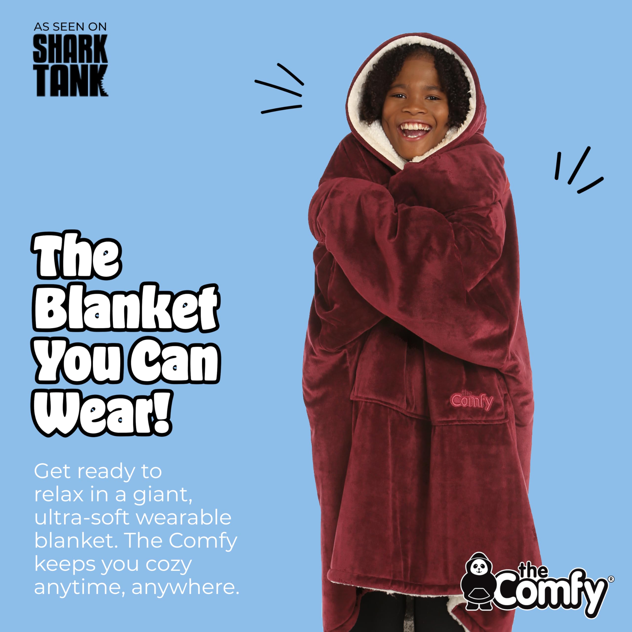 THE COMFY Original | Sherpa Lined Microfiber Fleece Wearable Blanket, Oversized Design with Hood and Pocket from Shark Tank