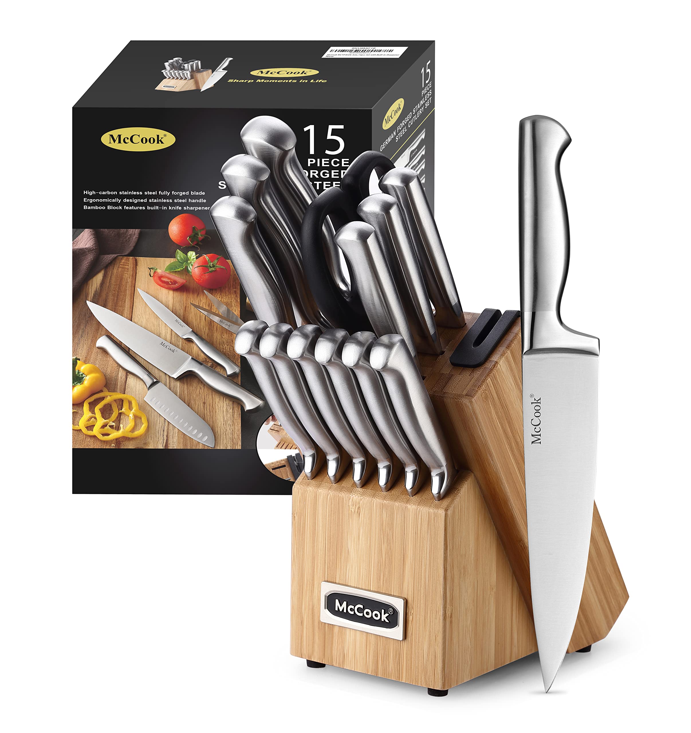 McCook® Knife Sets, German Stainless Steel Kitchen Knife Block Sets with Built-in Sharpener