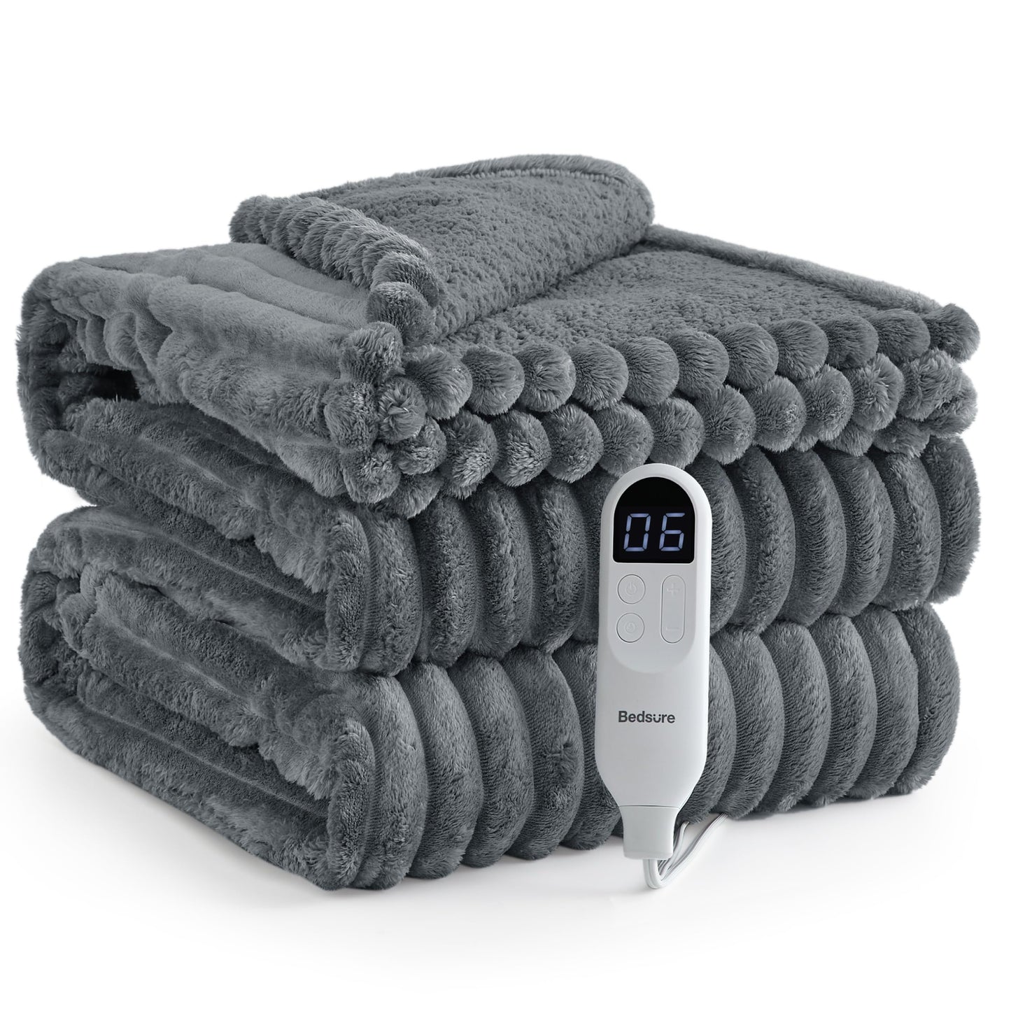Bedsure GentleSoft Heated Blanket Electric Throw - Soft Ribbed Flannel Electric Blanket, Heating with 4 Time Settings, 6 Heat Levels, 3 hrs Timer Auto Shut Off, Gifts for Grandma (50x60 inches, Grey)