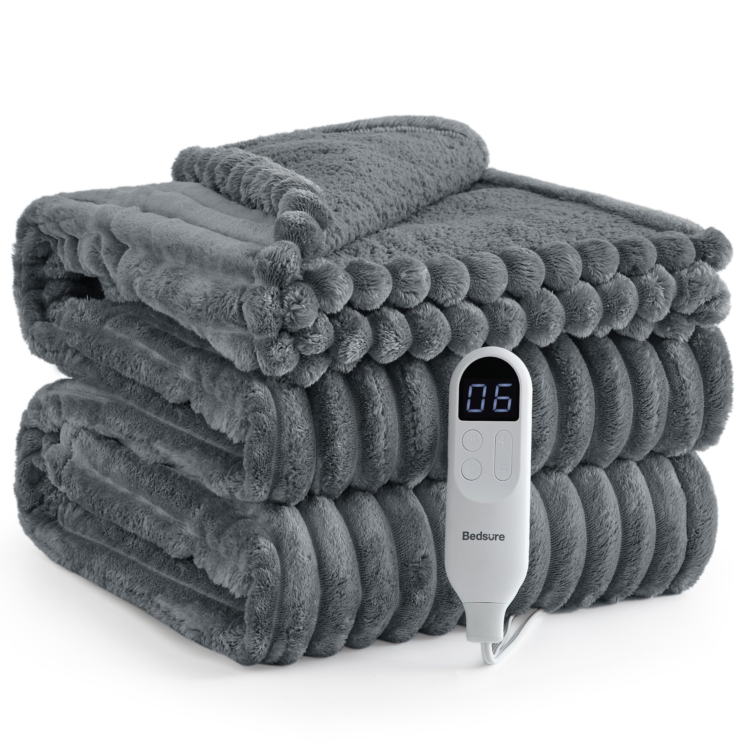 Bedsure GentleSoft Heated Blanket Electric Throw - Soft Ribbed Flannel Electric Blanket, Heating with 4 Time Settings, 6 Heat Levels, 3 hrs Timer Auto Shut Off, Gifts for Grandma (50x60 inches, Grey)