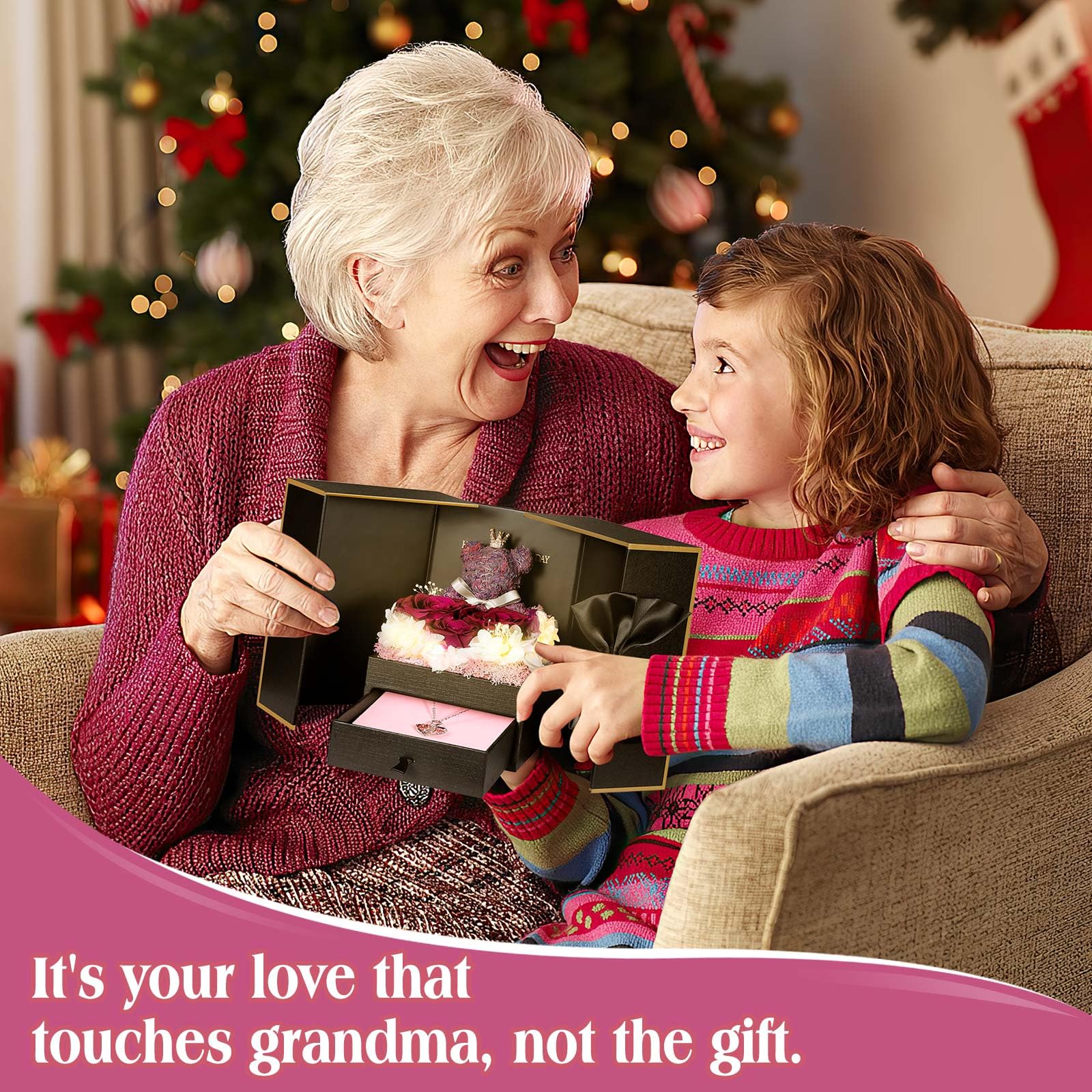 ADDWel Rose Gifts for Women Birthday Christmas - Preserved Real Roses Forever Red Flowers with I Love You in 100 Languages Necklace and Cute Moss Bear for Girlfriend Wife Mom Grandma