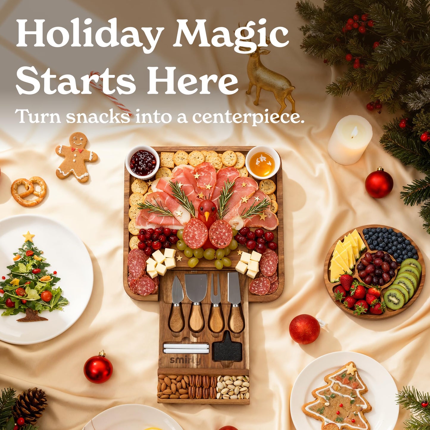 Smirly Charcuterie Board Set - Large Bamboo Cheese Board for Serving - House Warming Gifts New Home, Wedding & Bridal Shower Gift, Birthday Gift for Women