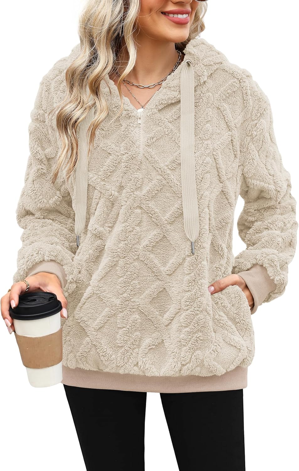 ReachMe Womens Oversized Sherpa Pullover Hoodie with Pockets Fuzzy Fleece Sweatshirt Plaid Fluffy Jacket Coat