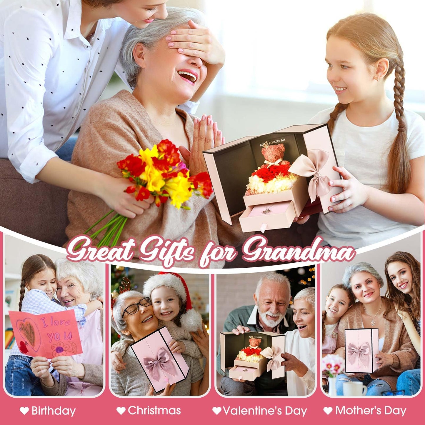 ADDWel Rose Gifts for Women Birthday Christmas - Preserved Real Roses Forever Red Flowers with I Love You in 100 Languages Necklace and Cute Moss Bear for Girlfriend Wife Mom Grandma