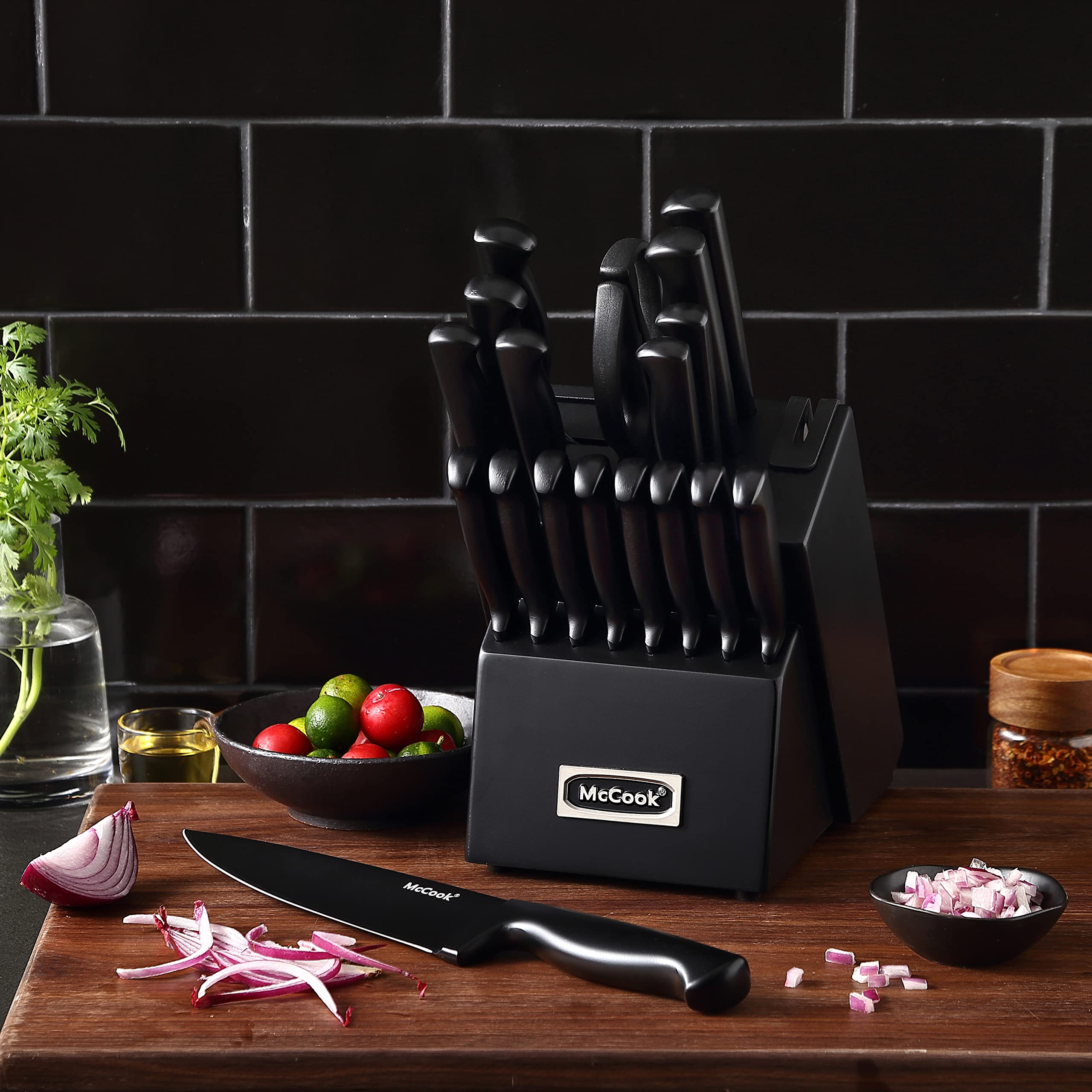 McCook® Knife Sets, German Stainless Steel Kitchen Knife Block Sets with Built-in Sharpener