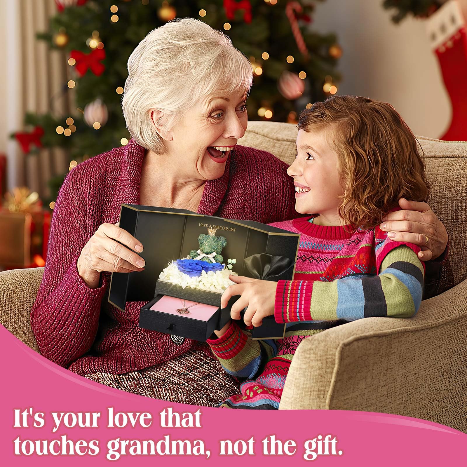 ADDWel Rose Gifts for Women Birthday Christmas - Preserved Real Roses Forever Red Flowers with I Love You in 100 Languages Necklace and Cute Moss Bear for Girlfriend Wife Mom Grandma