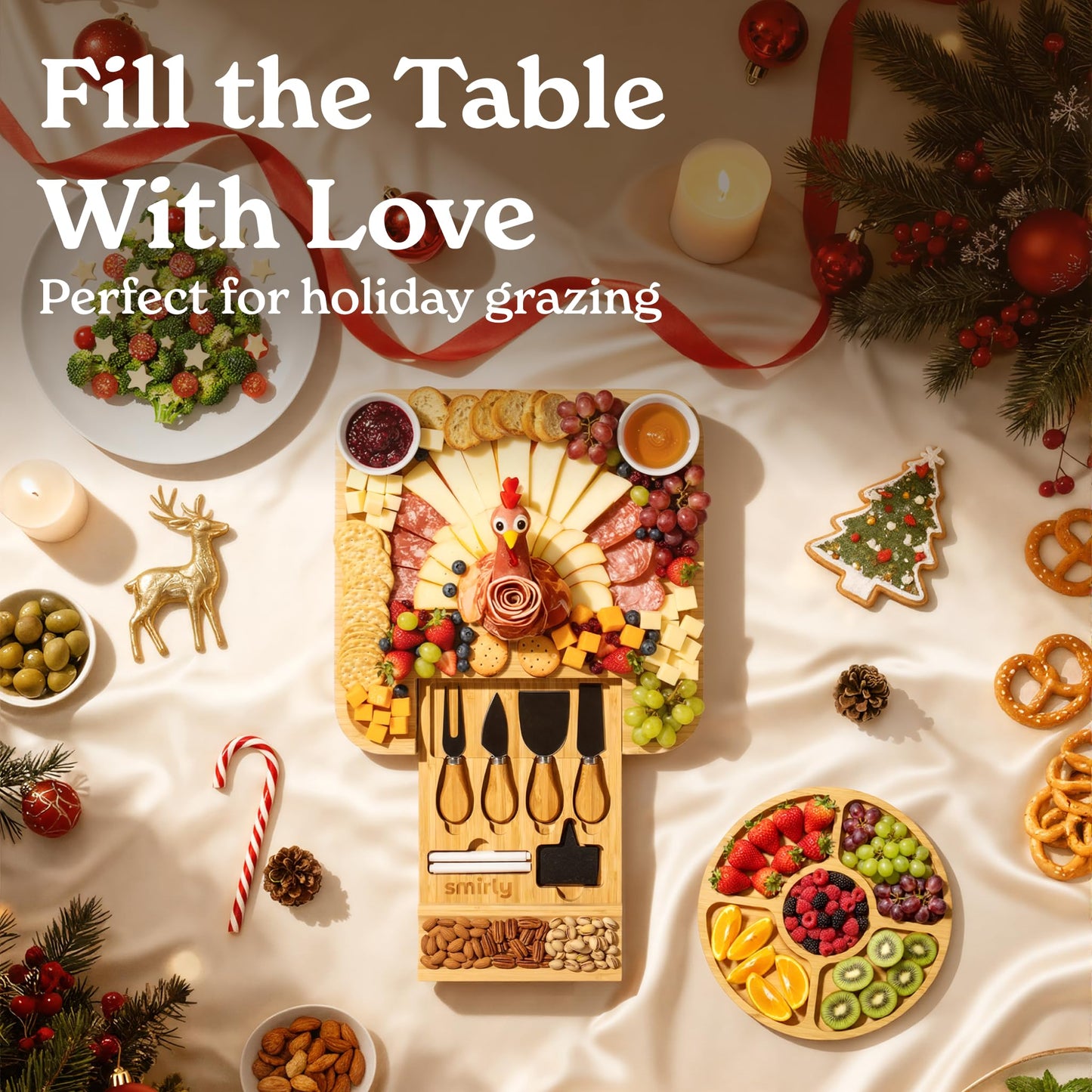 Smirly Charcuterie Board Set - Large Bamboo Cheese Board for Serving - House Warming Gifts New Home, Wedding & Bridal Shower Gift, Birthday Gift for Women