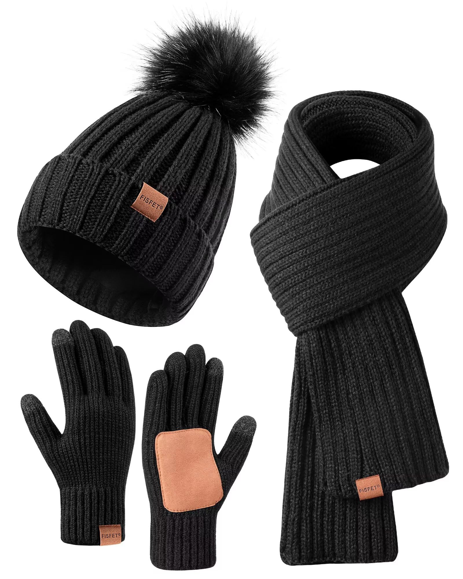 Winter Beanie Hat Scarf Gloves Set for Women, Womens Beanie with Pom Pom Long Scarf Neck Warmer Touchscreen Gloves 3 in 1 Set