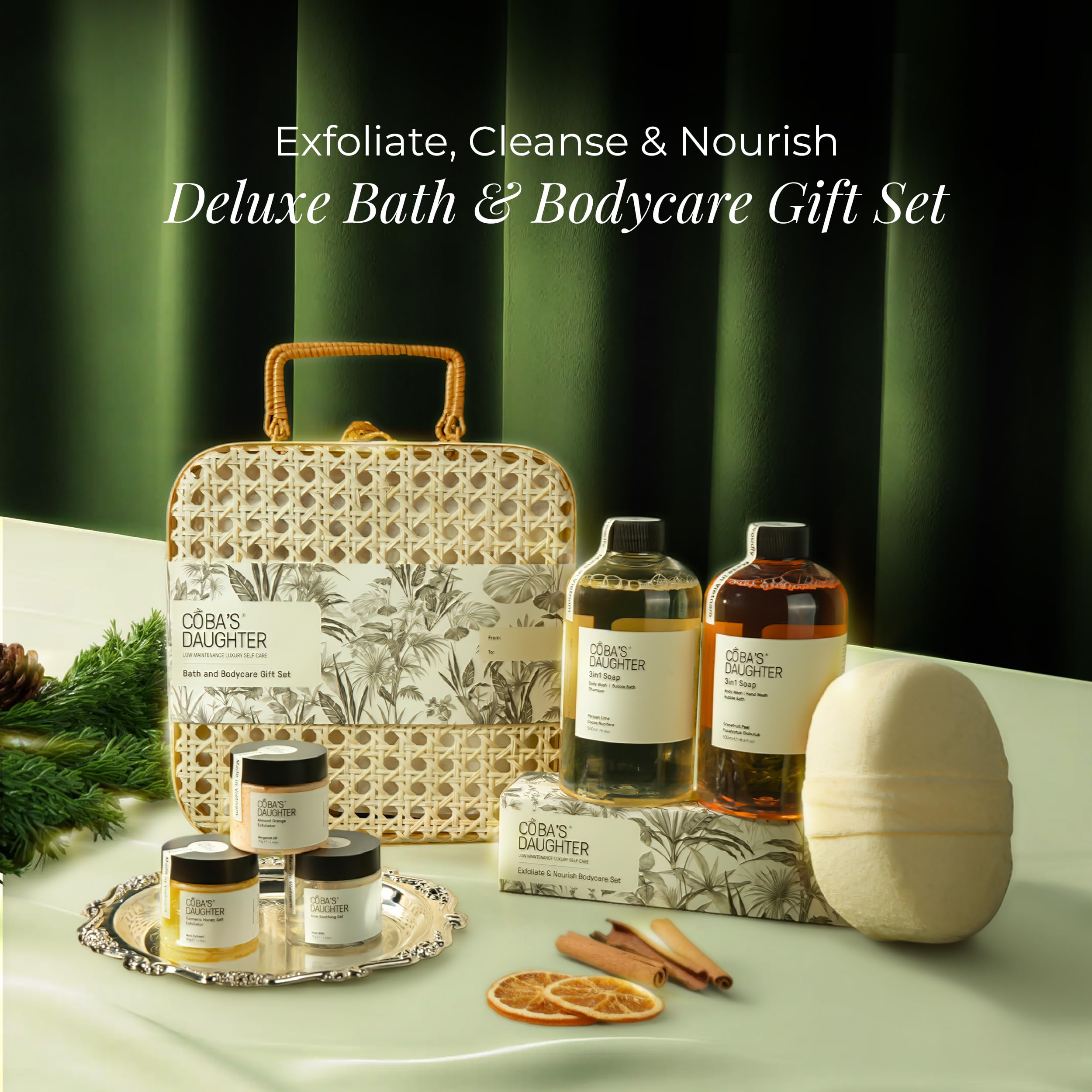 COBA’S DAUGHTER Christmas Gift for Women - Bath & Body Care Gift Basket, 7-Piece Spa Inspired Set with Body Wash, Bubble Bath & Travel Minis - Perfect Birthday Gift, Self-Care Spa Set