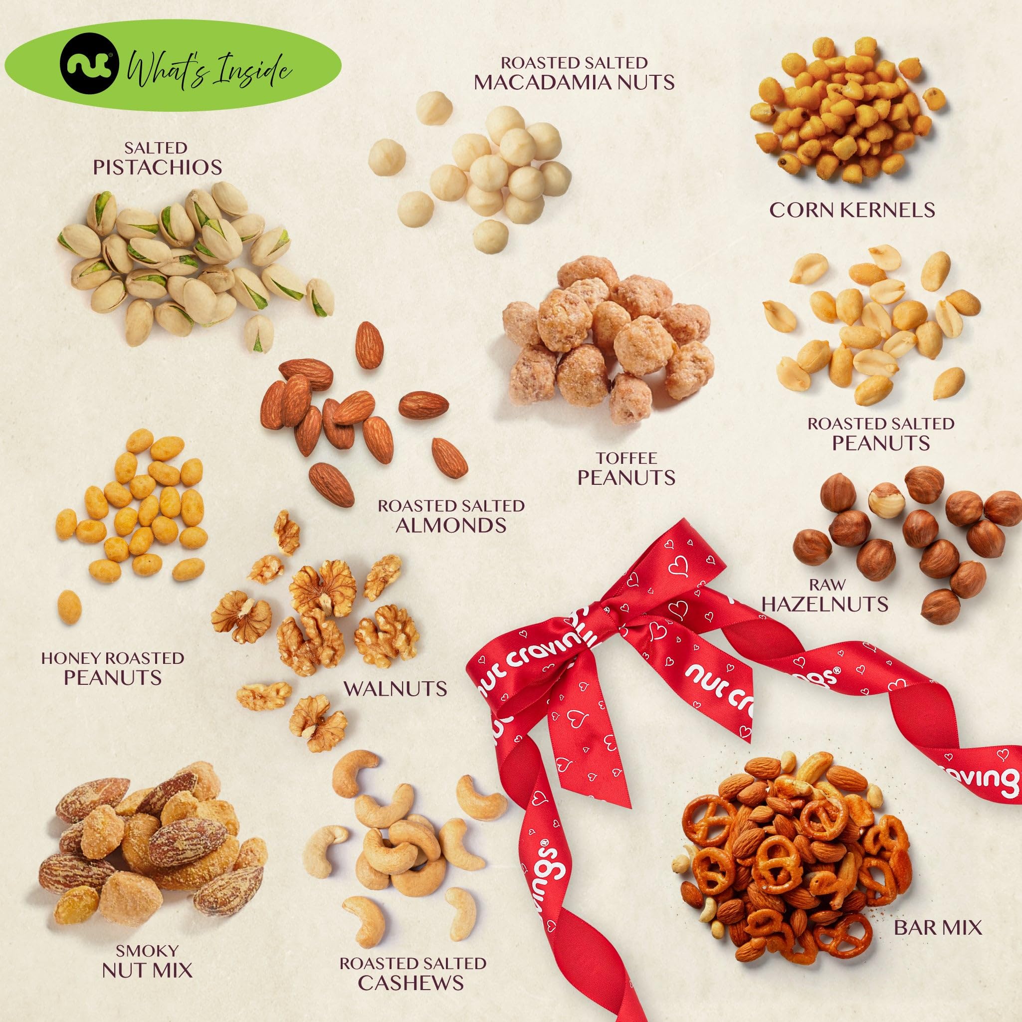 NUT CRAVINGS - Thanksgiving Mixed Nuts Gift Basket in Red Gold Box (7 Assortments, 1 LB) Holiday Xmas Christmas Food Arrangement, Healthy Snack Care Package, Food Assortments