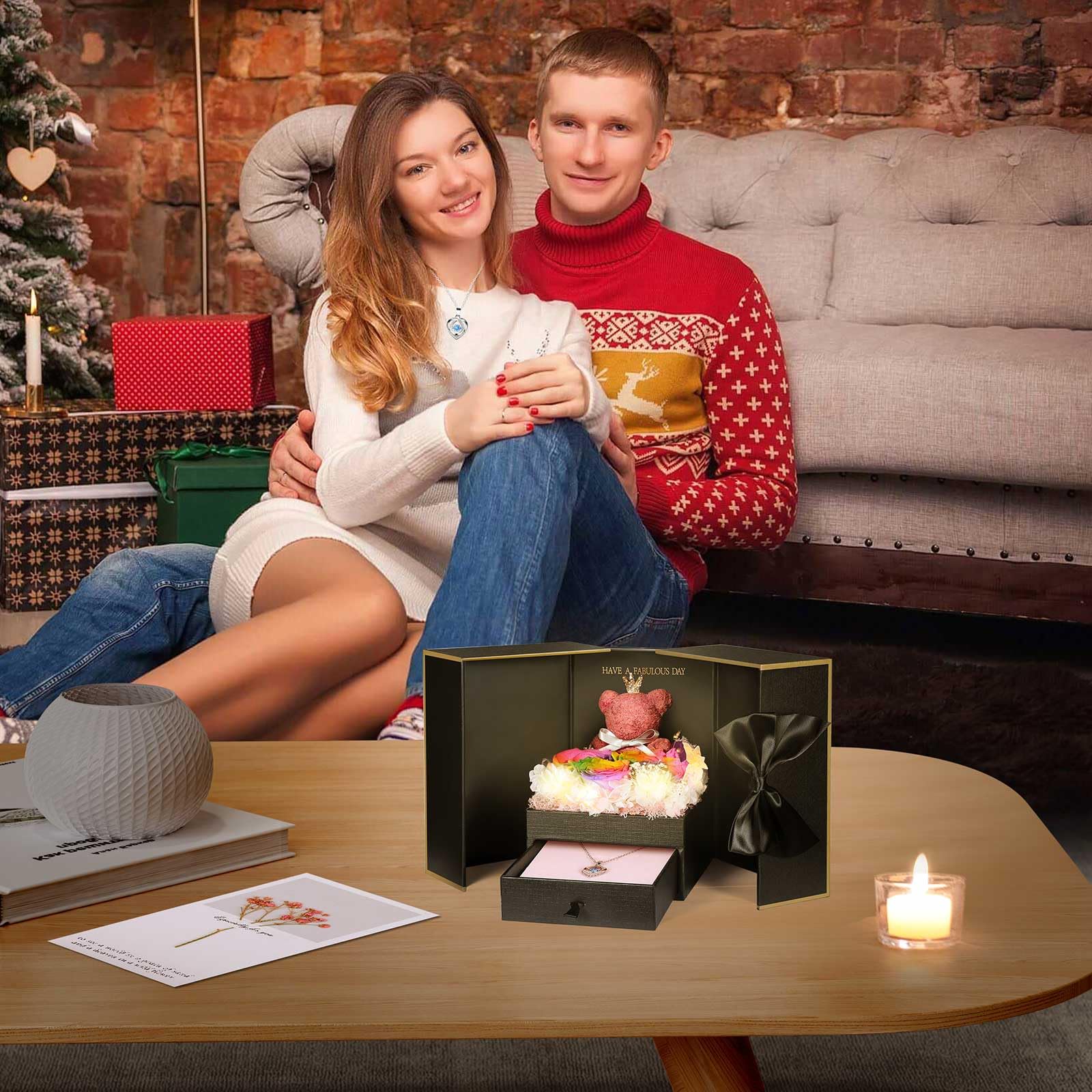 ADDWel Rose Gifts for Women Birthday Christmas - Preserved Real Roses Forever Red Flowers with I Love You in 100 Languages Necklace and Cute Moss Bear for Girlfriend Wife Mom Grandma