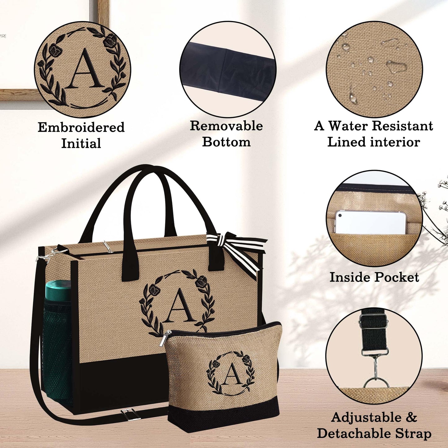 YOOLIFE Personalized Gifts for Women - Initial Jute Tote Bag & Makeup Bag, Birthday Gifts for Women Mom Wife Teacher Friend