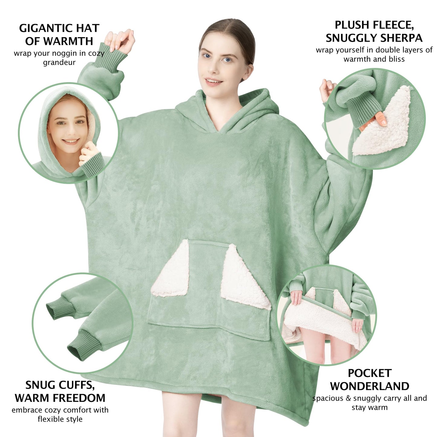 Touchat Wearable Blanket Hoodie, Oversized Sherpa Fleece Sweatshirt Blanket with Giant Hood Pocket and Sleeves for Adult, Warm & Cozy Grey Blanket Gifts for Women