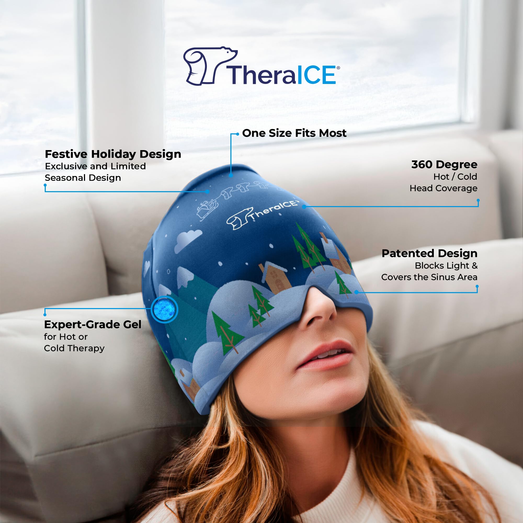 TheraICE Headache Relief Cap, Migraine Ice Pack Mask Products, Women Cooling Gel Hat, Face Cold Compress Head Wrap for Her Stress. Great Birthday Gift for Mom, Sister, Grandma, Girlfriend, & Teacher