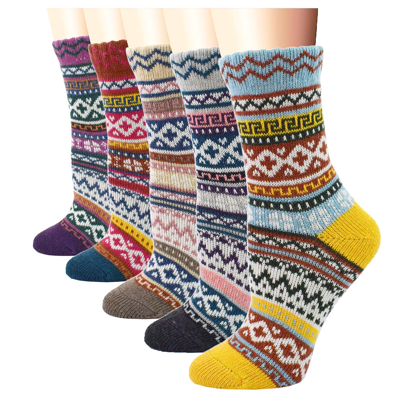 YZKKE 5Pack Womens Vintage Winter Soft Warm Thick Cold Knit Wool Crew Socks, Multicolor, free size