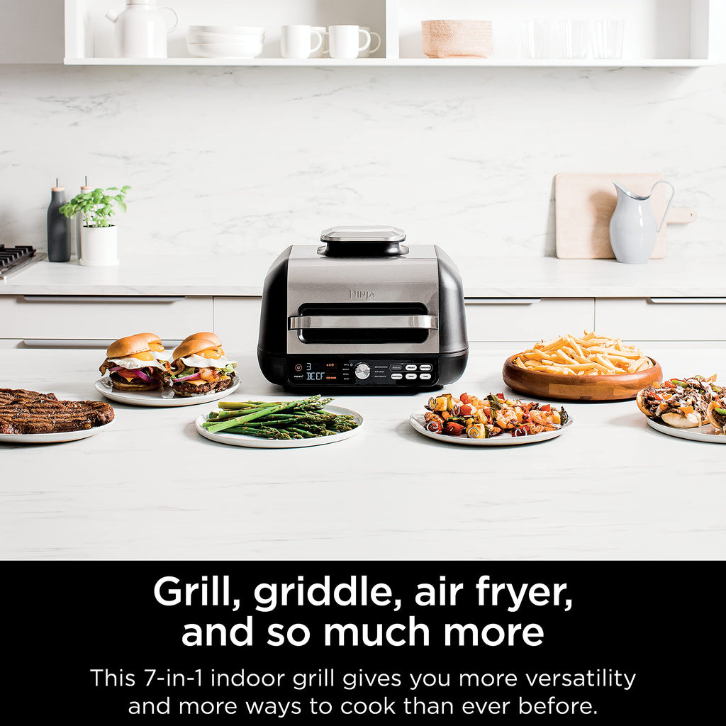 Ninja | Indoor Grill and Air Fryer| Foodi Smart XL | 6-in-1 Grill, Air Fry, Roast, Bake, Broil, Dehydrate & Crisp |Smart Thermometer & Splatter Shield | Dishwasher Safe Parts | Black/Silver | FG551