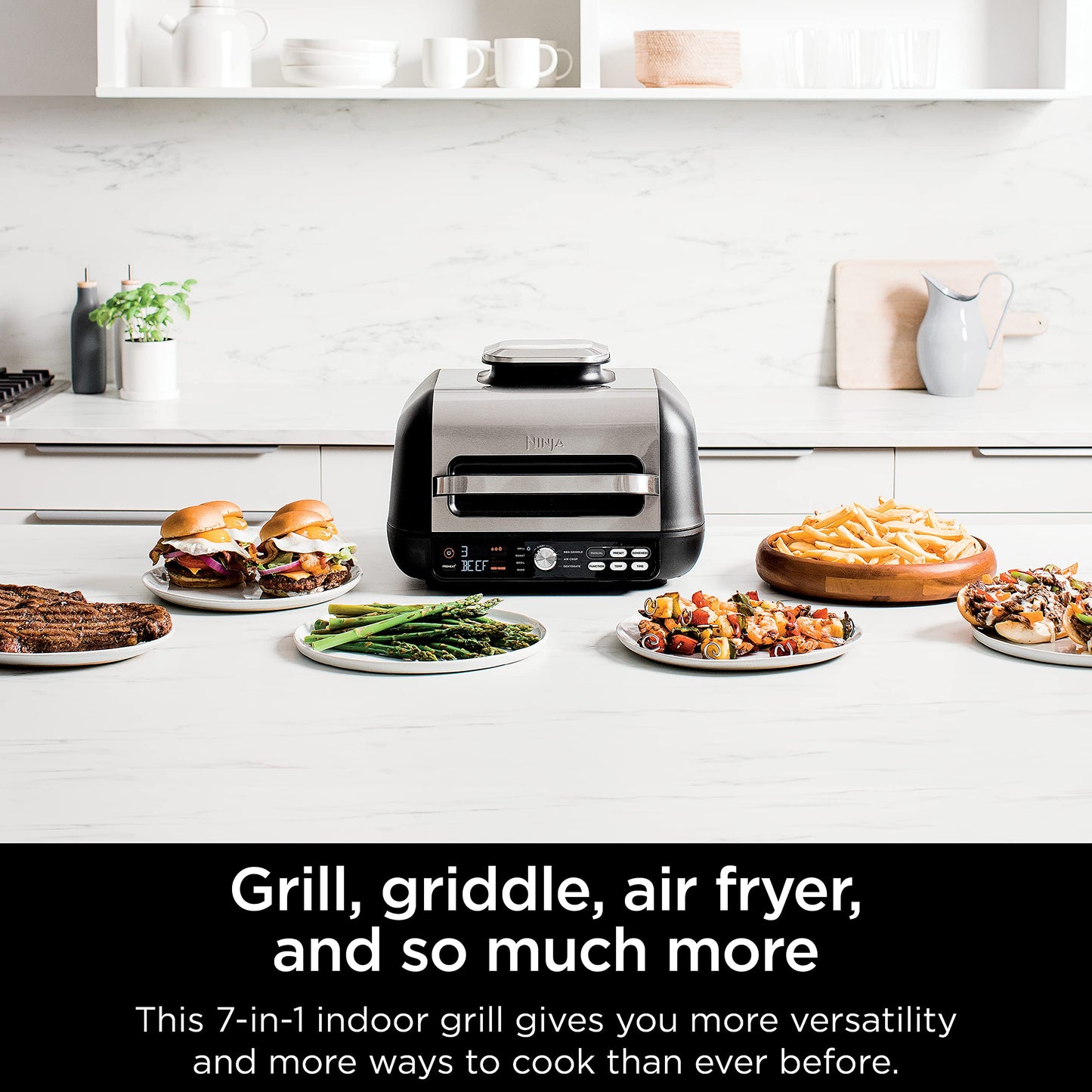 Ninja | Indoor Grill and Air Fryer| Foodi Smart XL | 6-in-1 Grill, Air Fry, Roast, Bake, Broil, Dehydrate & Crisp |Smart Thermometer & Splatter Shield | Dishwasher Safe Parts | Black/Silver | FG551