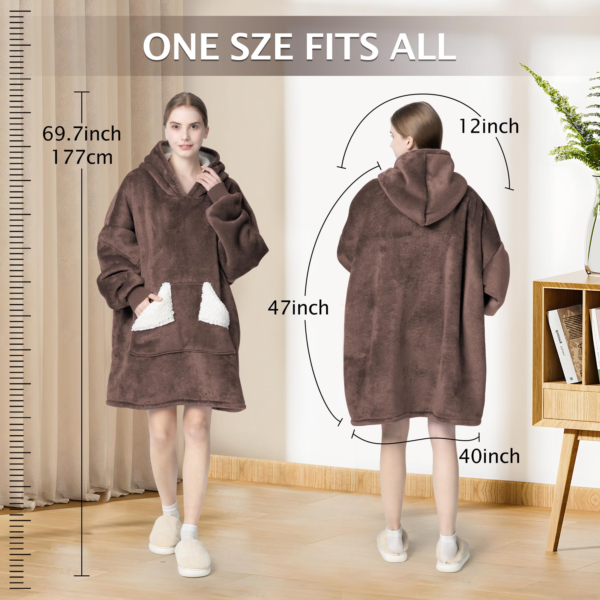 Touchat Wearable Blanket Hoodie, Oversized Sherpa Fleece Sweatshirt Blanket with Giant Hood Pocket and Sleeves for Adult, Warm & Cozy Grey Blanket Gifts for Women