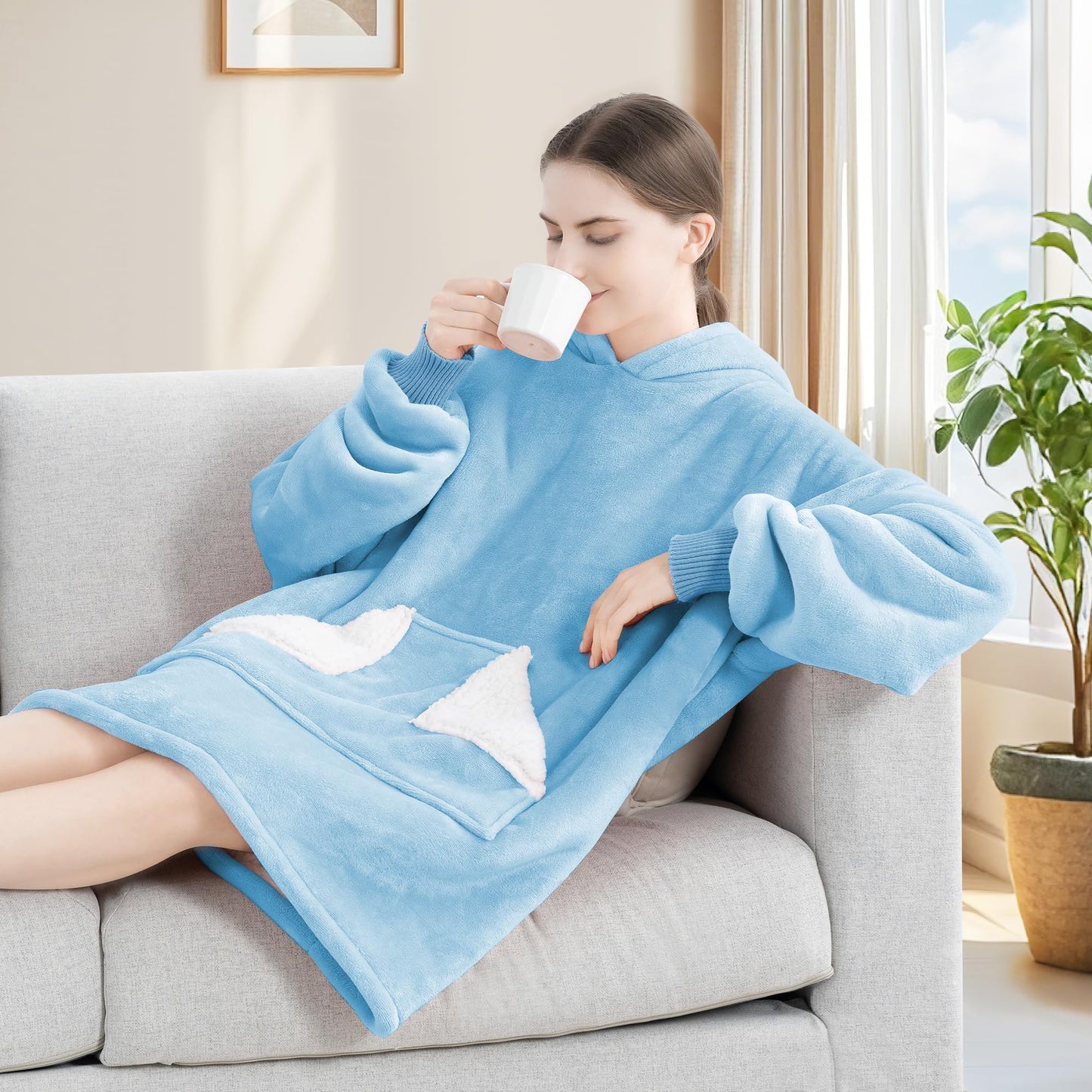 Touchat Wearable Blanket Hoodie, Oversized Sherpa Fleece Sweatshirt Blanket with Giant Hood Pocket and Sleeves for Adult, Warm & Cozy Grey Blanket Gifts for Women