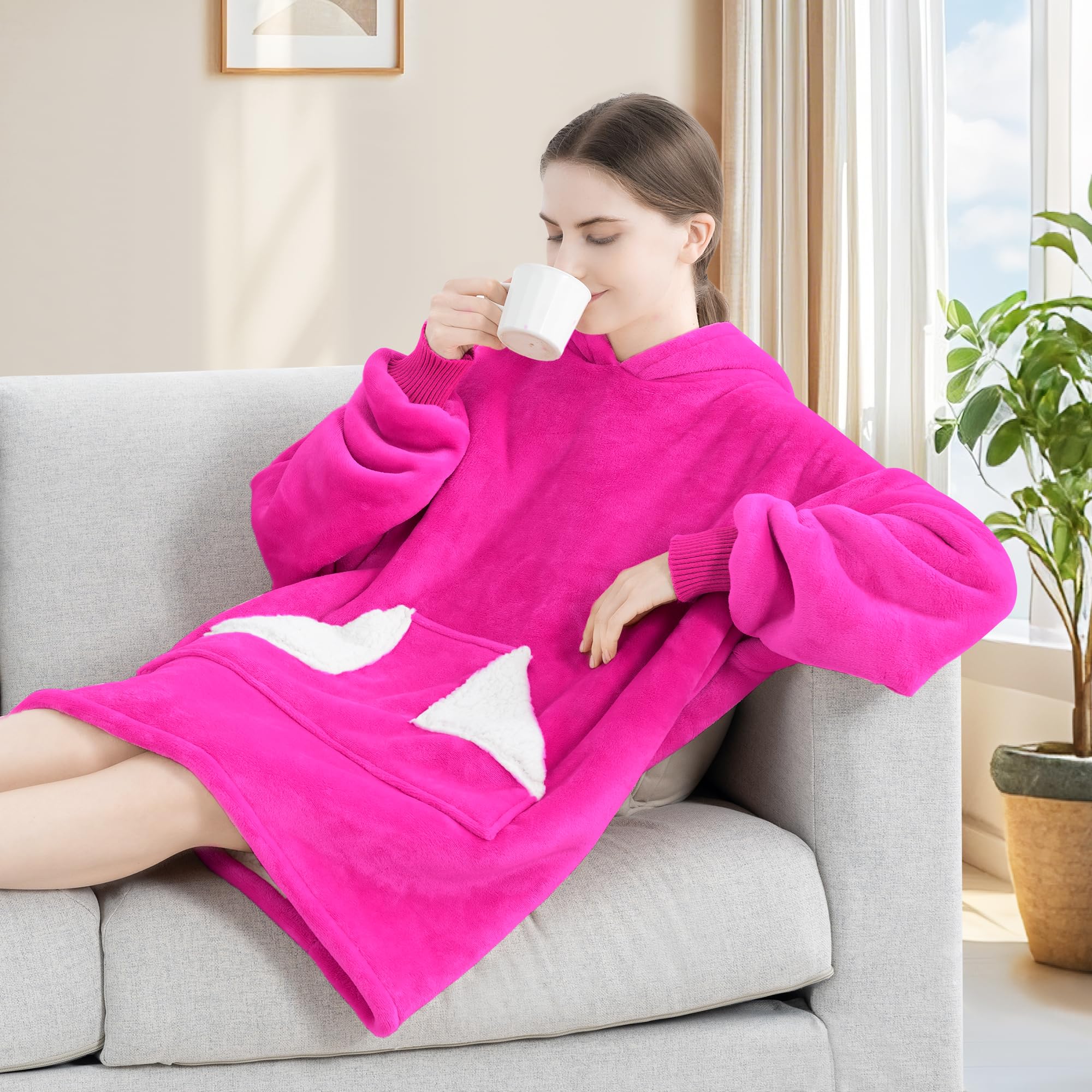 Touchat Wearable Blanket Hoodie, Oversized Sherpa Fleece Sweatshirt Blanket with Giant Hood Pocket and Sleeves for Adult, Warm & Cozy Grey Blanket Gifts for Women