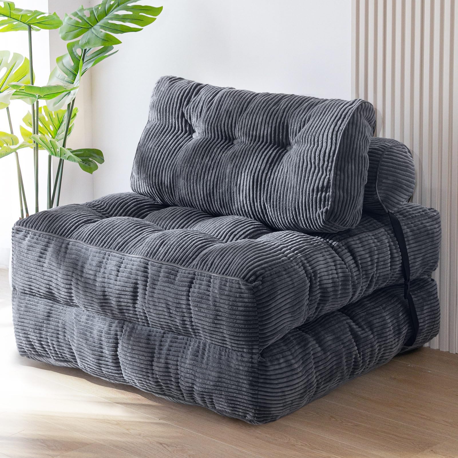 MAXYOYO Folding Sofa Bed, Convertible Sleeper Chair with Pillow Foldable Mattress with Back Support, Portable Fold Out Chair Bed Comfy Floor Sofa Lounge for Living Room Bedroom, Dark Grey, Single
