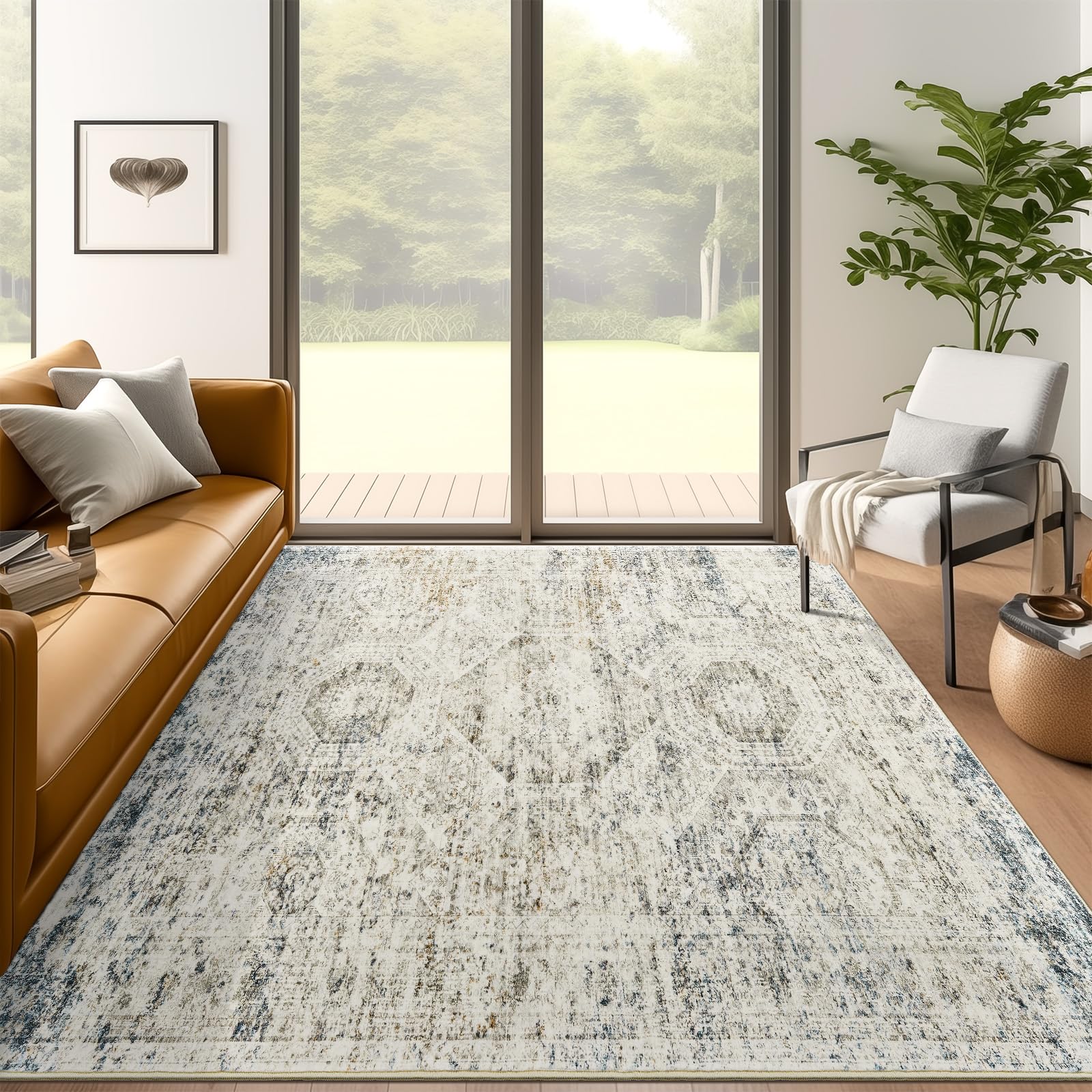 Washable Area Rug 8x10, Large Soft Rugs for Living Room Vintage Beige Carpet 8x10 Area Rugs for Bedroom Dining Room Non-Slip Stain Resistant Under Table Rug