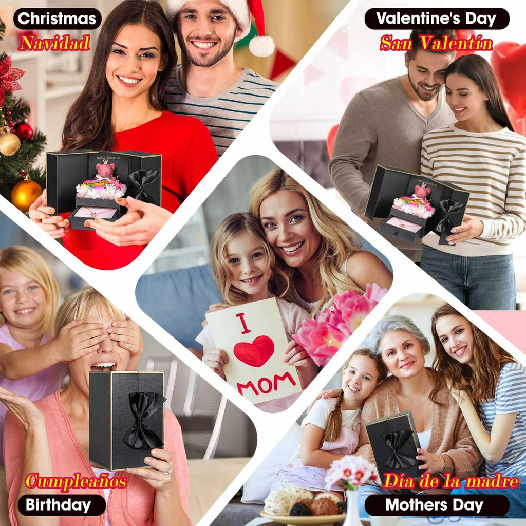 ADDWel Rose Gifts for Women Birthday Christmas - Preserved Real Roses Forever Red Flowers with I Love You in 100 Languages Necklace and Cute Moss Bear for Girlfriend Wife Mom Grandma