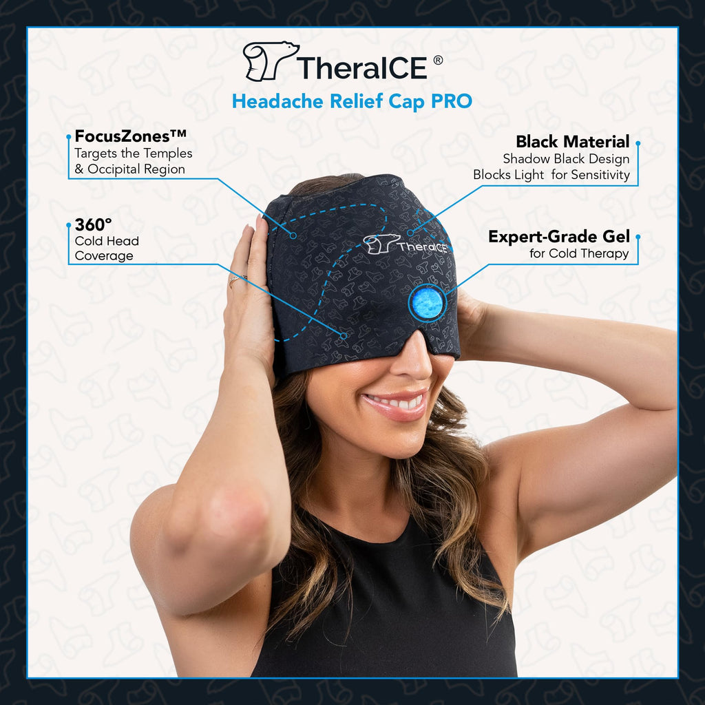 TheraICE Headache Relief Cap, Migraine Ice Pack Mask Products, Women Cooling Gel Hat, Face Cold Compress Head Wrap for Her Stress. Great Birthday Gift for Mom, Sister, Grandma, Girlfriend, & Teacher