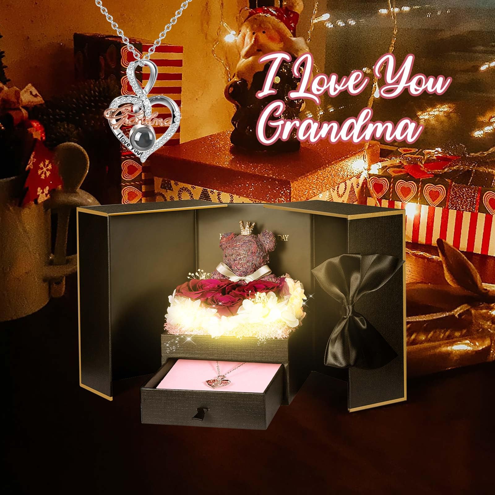 ADDWel Rose Gifts for Women Birthday Christmas - Preserved Real Roses Forever Red Flowers with I Love You in 100 Languages Necklace and Cute Moss Bear for Girlfriend Wife Mom Grandma