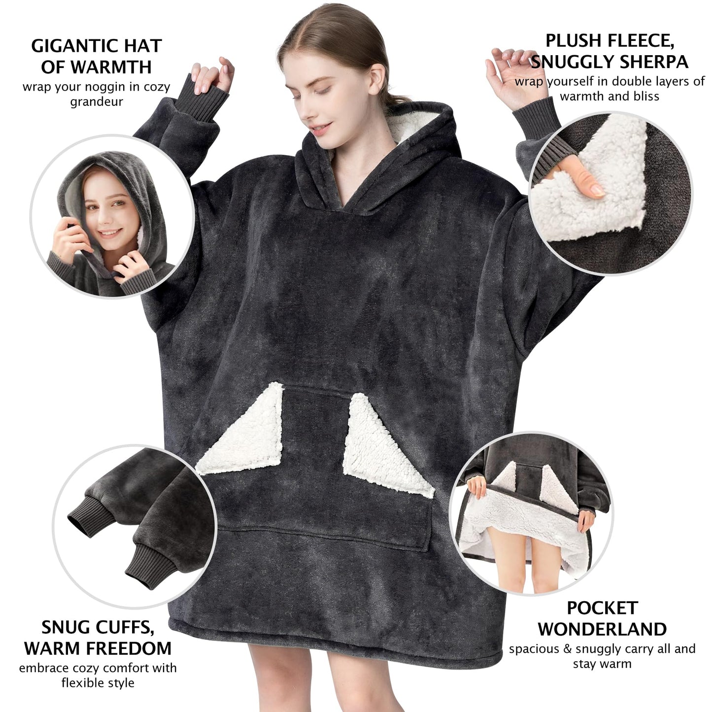 Touchat Wearable Blanket Hoodie, Oversized Sherpa Fleece Sweatshirt Blanket with Giant Hood Pocket and Sleeves for Adult, Warm & Cozy Grey Blanket Gifts for Women