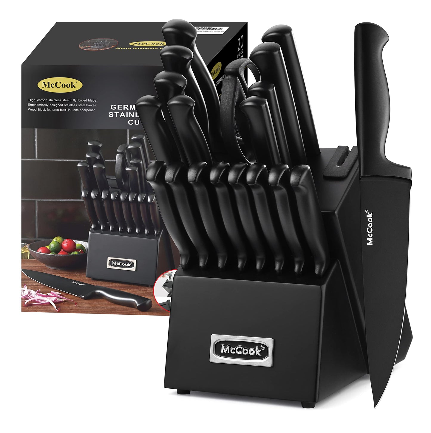 McCook® Knife Sets, German Stainless Steel Kitchen Knife Block Sets with Built-in Sharpener