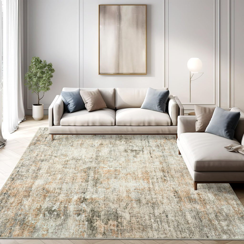 Washable Area Rug 8x10, Large Soft Rugs for Living Room Vintage Beige Carpet 8x10 Area Rugs for Bedroom Dining Room Non-Slip Stain Resistant Under Table Rug