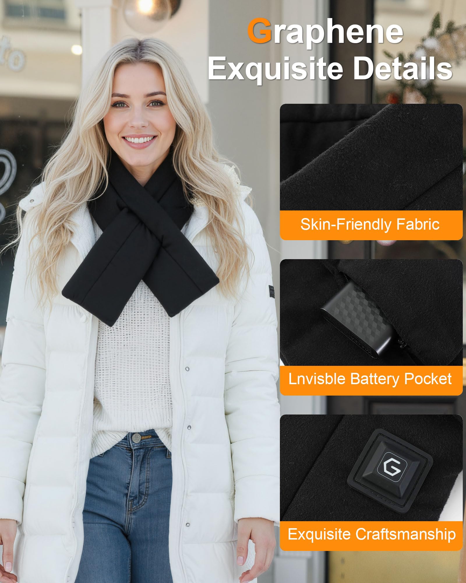 Wulcea Graphene Heated Scarf for Men Women 5V2A 6000mAh Fast Heating Long-Lasting Compact Battery