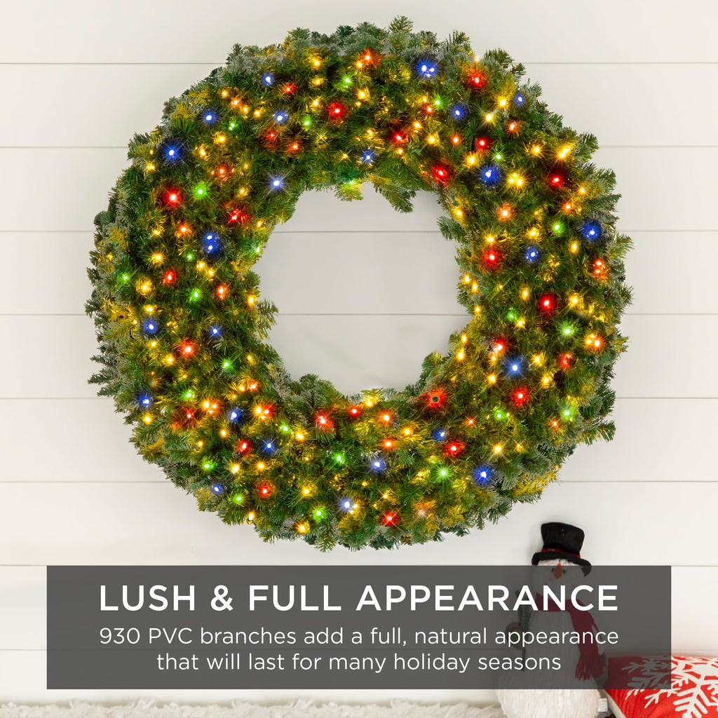 Best Choice Products 48in Large Artificial Pre-Lit Fir Christmas Wreath Holiday Accent Decoration w/ 200 LED Lights, 714 PVC Tips