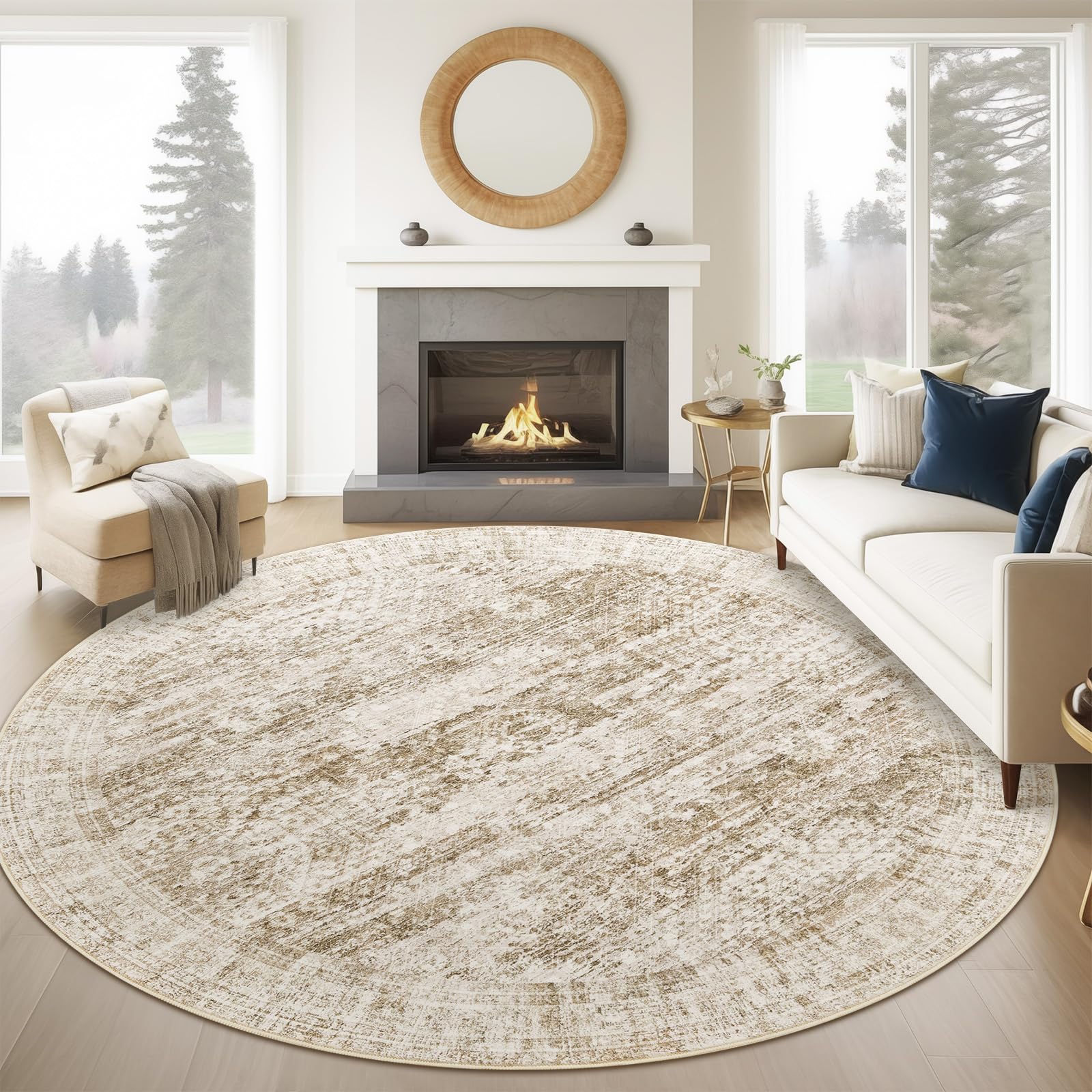 Washable Area Rug 8x10, Large Soft Rugs for Living Room Vintage Beige Carpet 8x10 Area Rugs for Bedroom Dining Room Non-Slip Stain Resistant Under Table Rug