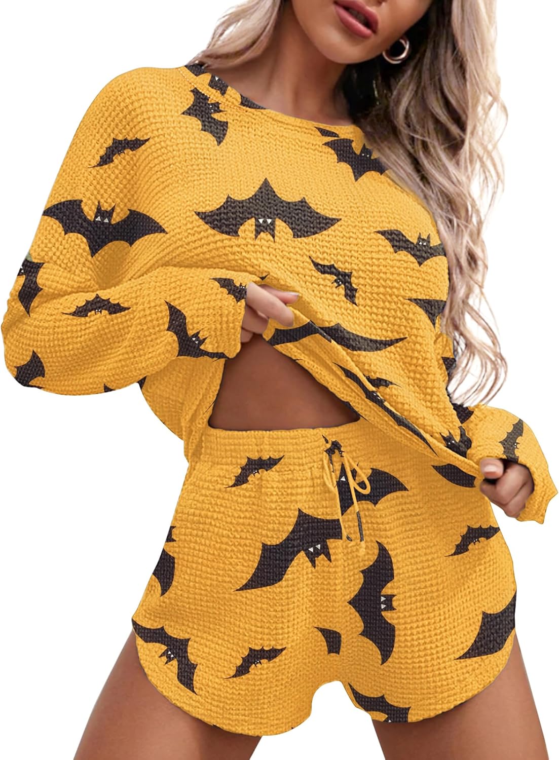 Ekouaer Womens Waffle Knit Pajama Sets Long Sleeve Top and Shorts Matching Lounge Set Loungewear Sweatsuit with Pockets