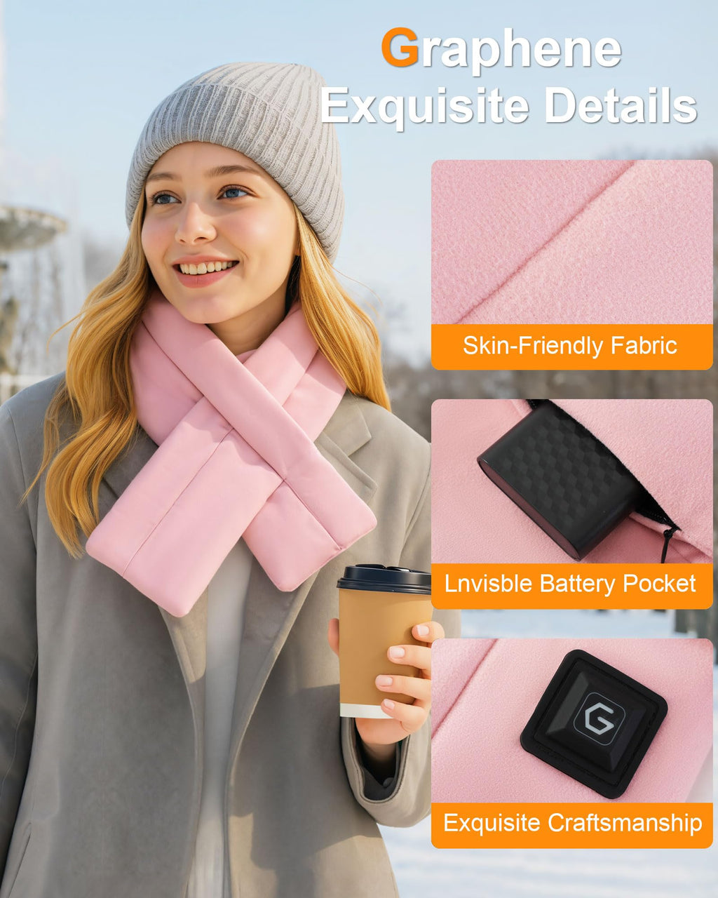 Wulcea Graphene Heated Scarf for Men Women 5V2A 6000mAh Fast Heating Long-Lasting Compact Battery