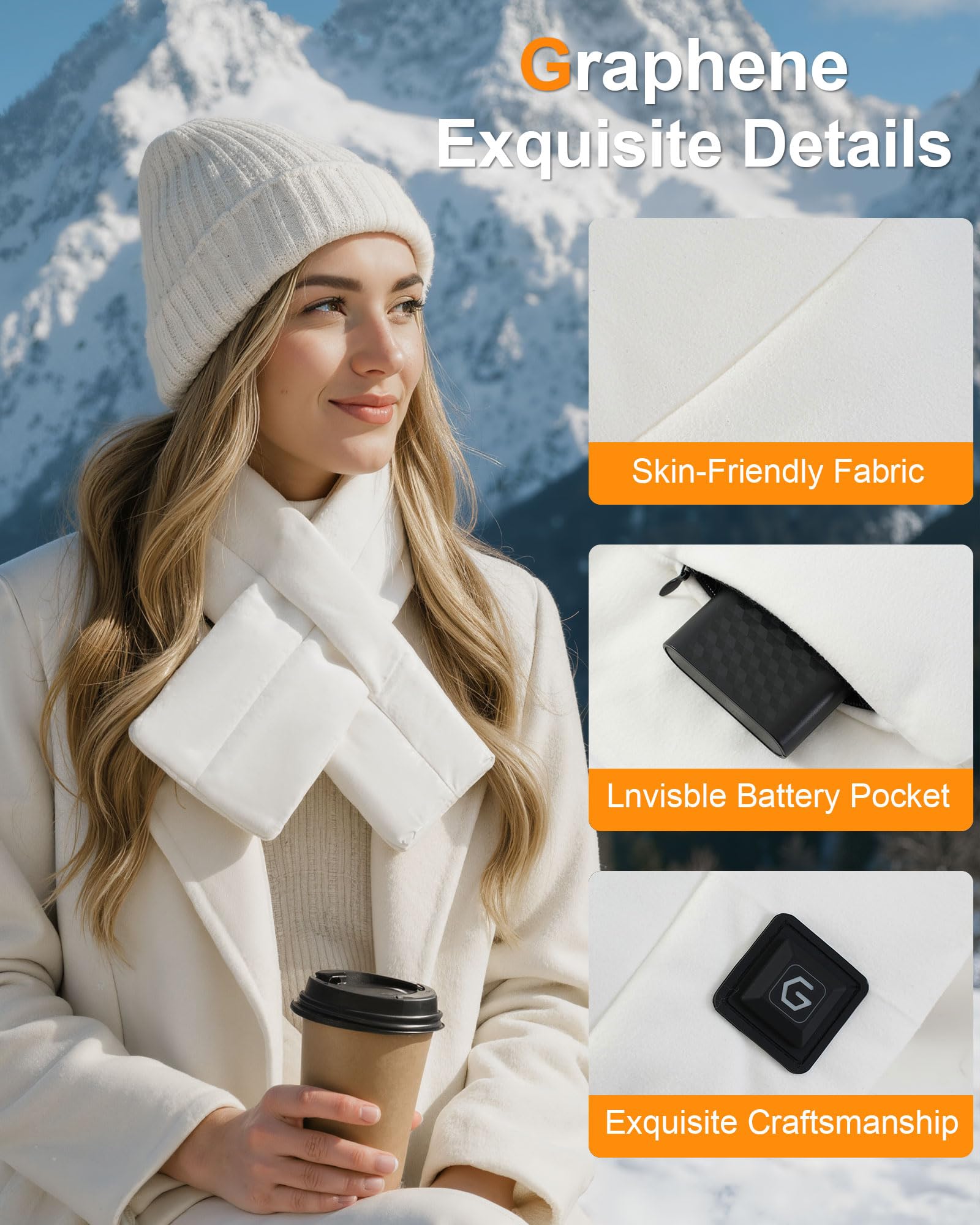 Wulcea Graphene Heated Scarf for Men Women 5V2A 6000mAh Fast Heating Long-Lasting Compact Battery
