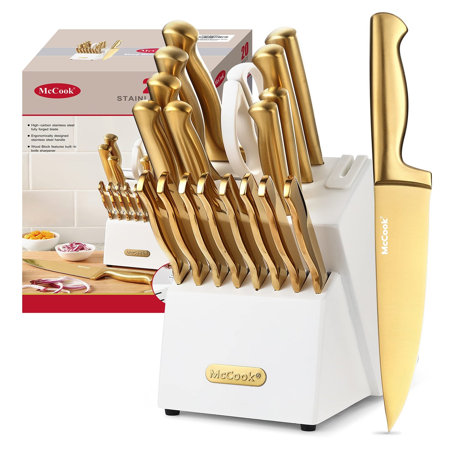 McCook® Knife Sets, German Stainless Steel Kitchen Knife Block Sets with Built-in Sharpener