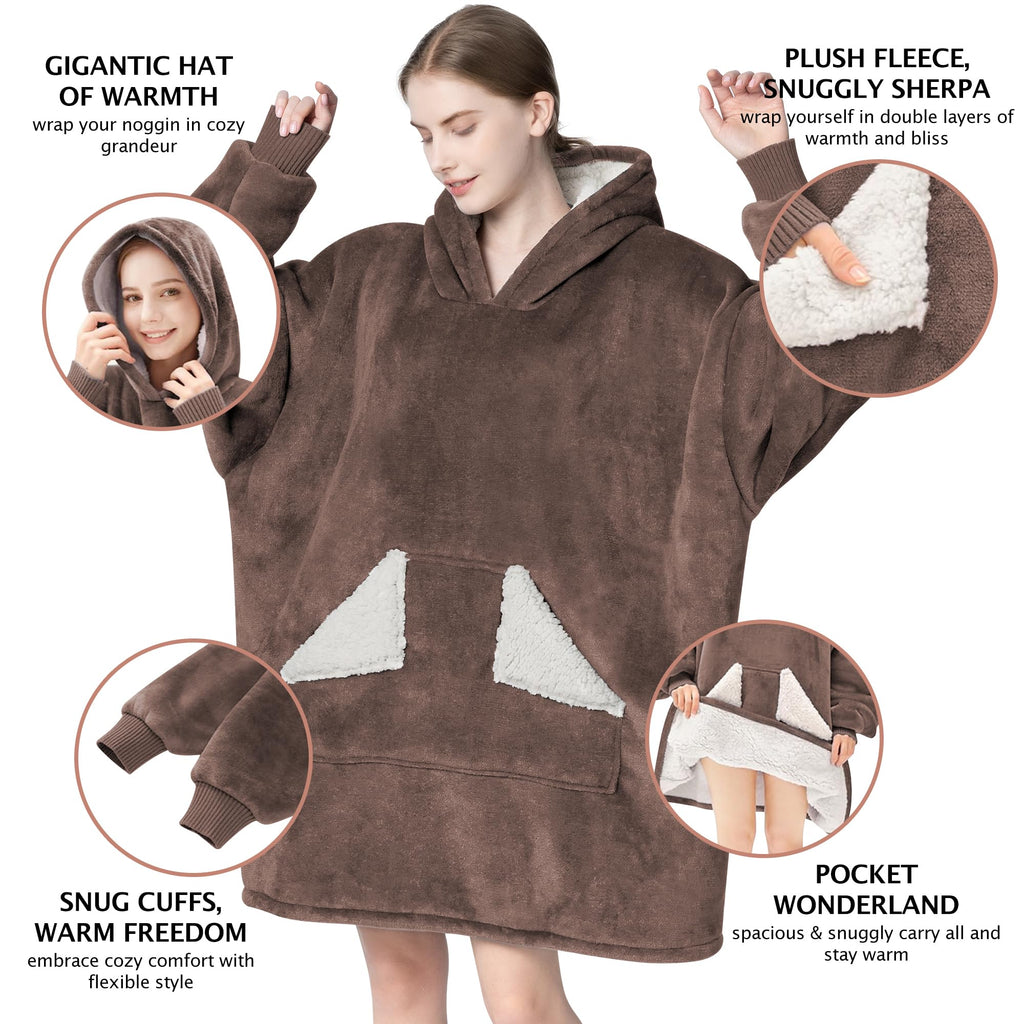 Touchat Wearable Blanket Hoodie, Oversized Sherpa Fleece Sweatshirt Blanket with Giant Hood Pocket and Sleeves for Adult, Warm & Cozy Grey Blanket Gifts for Women