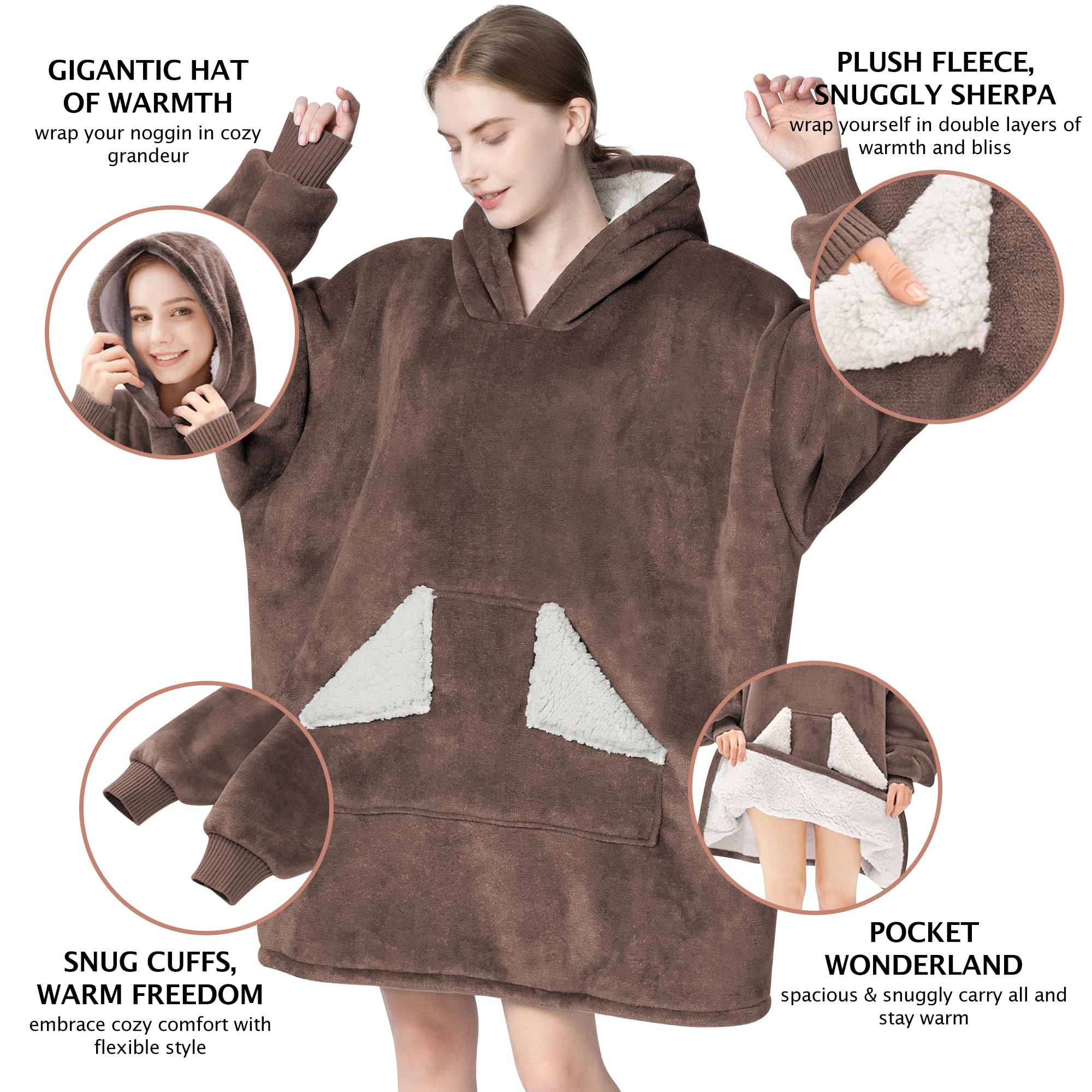 Touchat Wearable Blanket Hoodie, Oversized Sherpa Fleece Sweatshirt Blanket with Giant Hood Pocket and Sleeves for Adult, Warm & Cozy Grey Blanket Gifts for Women