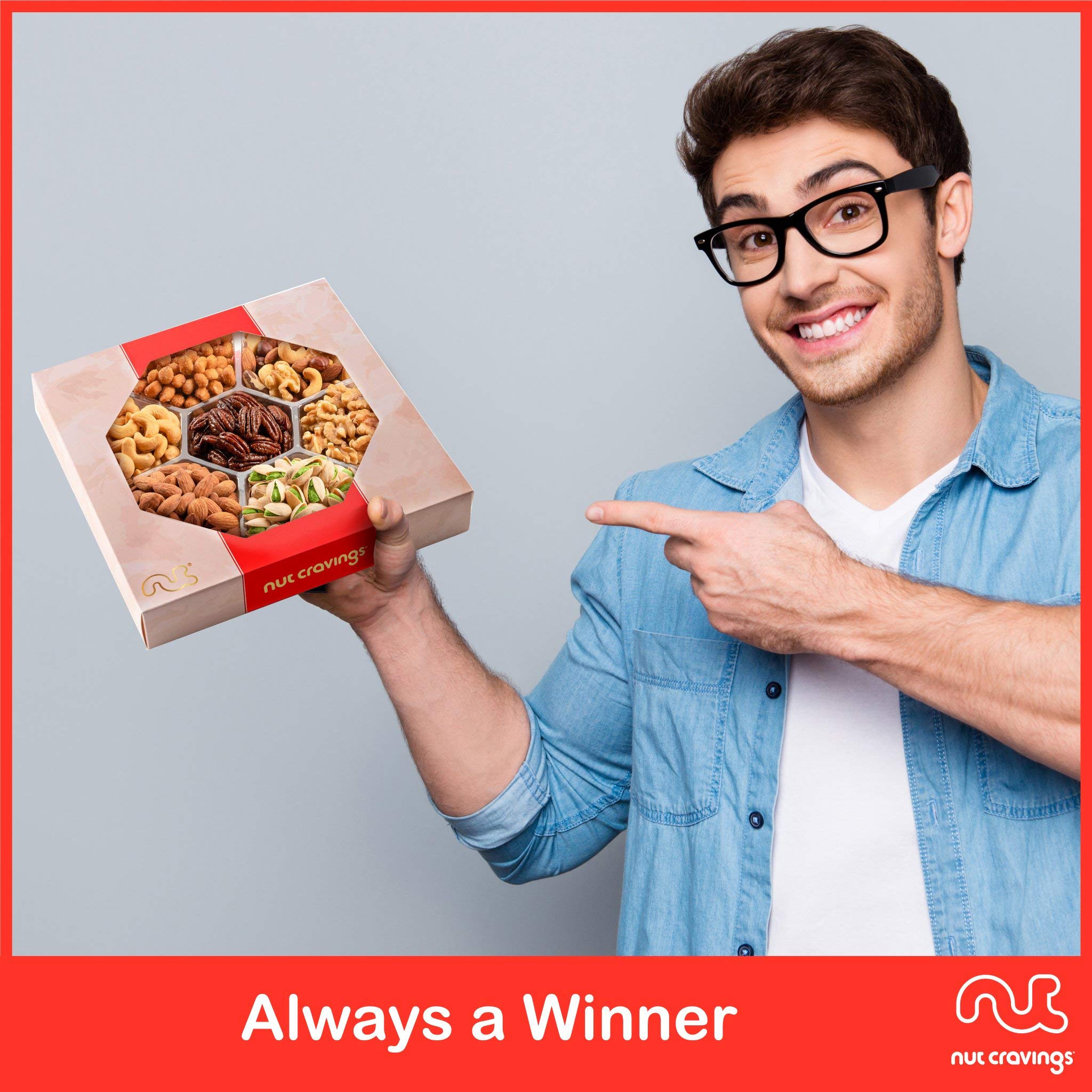 NUT CRAVINGS - Thanksgiving Mixed Nuts Gift Basket in Red Gold Box (7 Assortments, 1 LB) Holiday Xmas Christmas Food Arrangement, Healthy Snack Care Package, Food Assortments