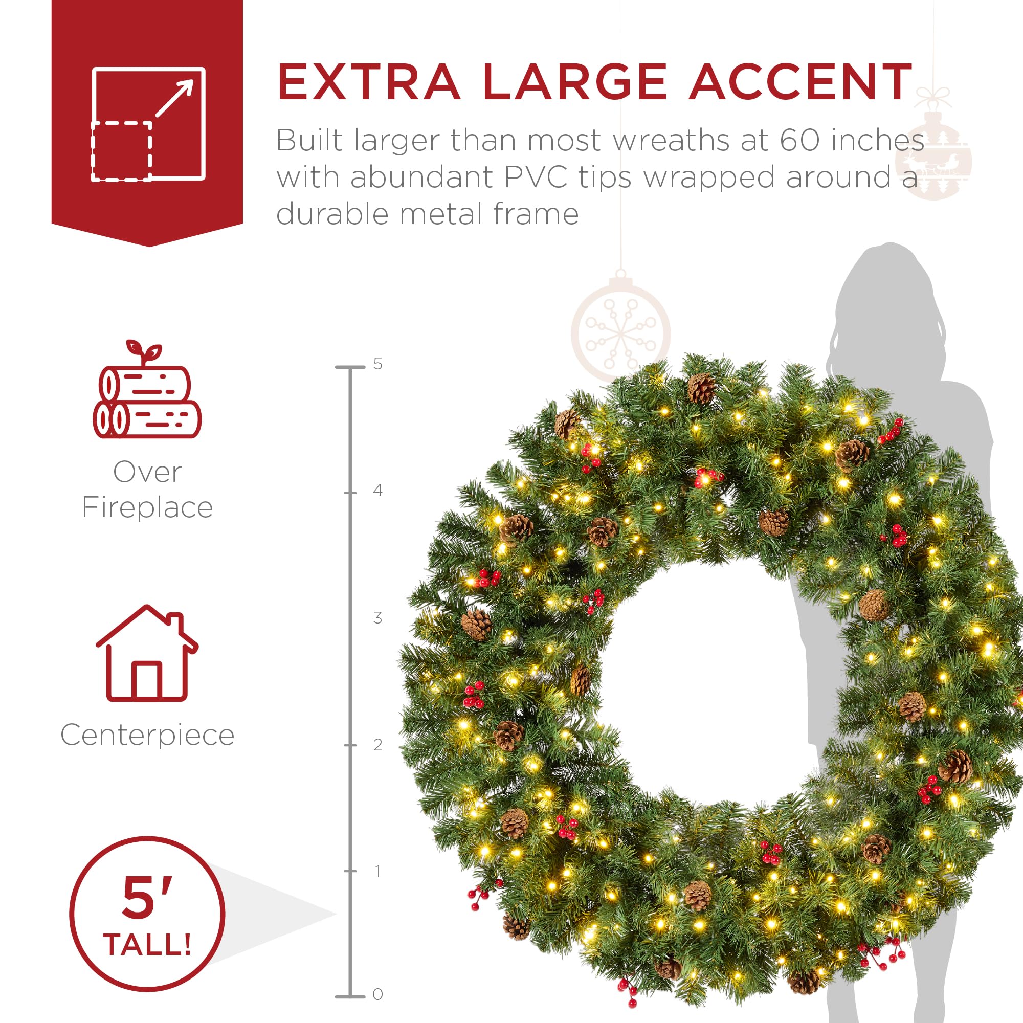 Best Choice Products 48in Large Artificial Pre-Lit Fir Christmas Wreath Holiday Accent Decoration w/ 200 LED Lights, 714 PVC Tips