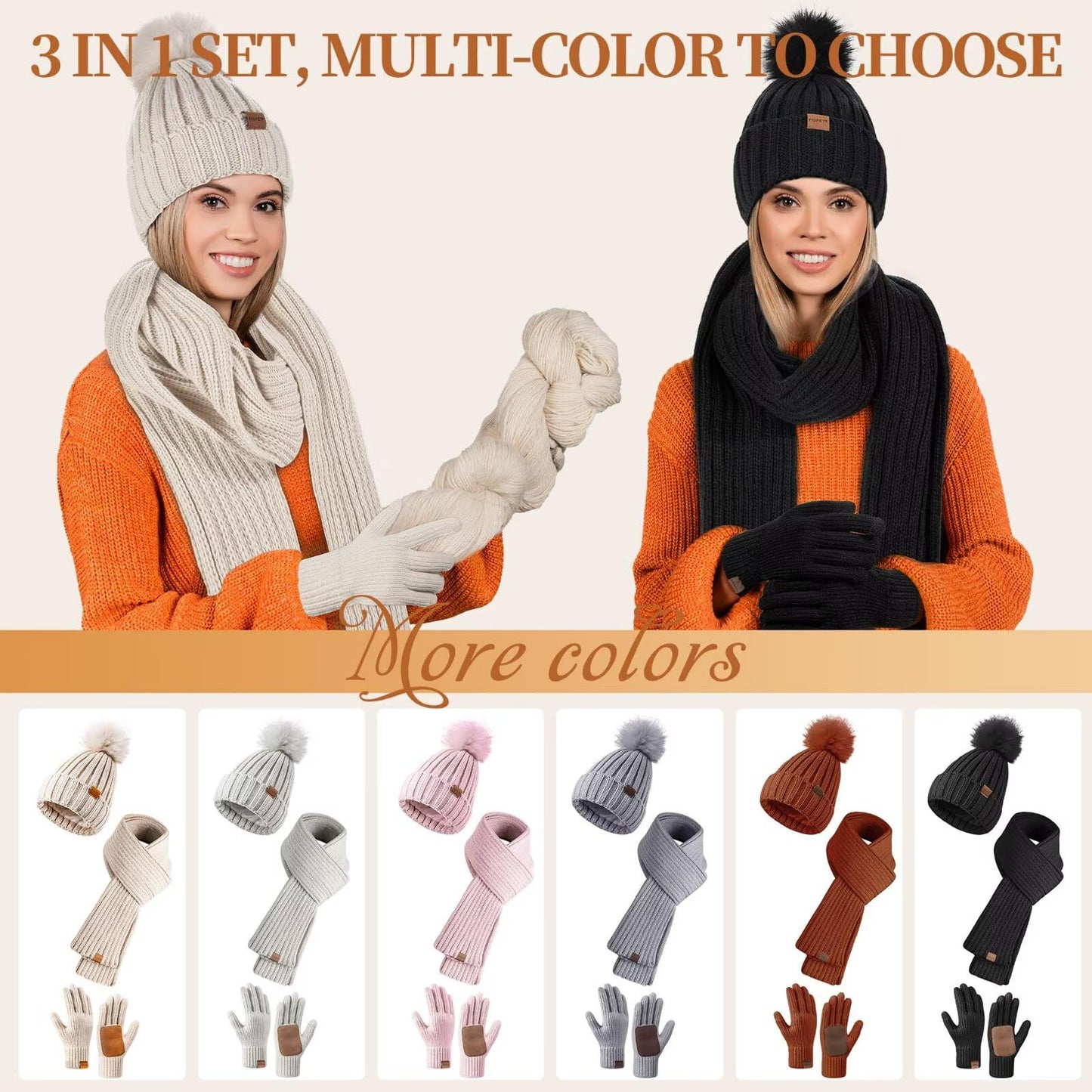 Winter Beanie Hat Scarf Gloves Set for Women, Womens Beanie with Pom Pom Long Scarf Neck Warmer Touchscreen Gloves 3 in 1 Set