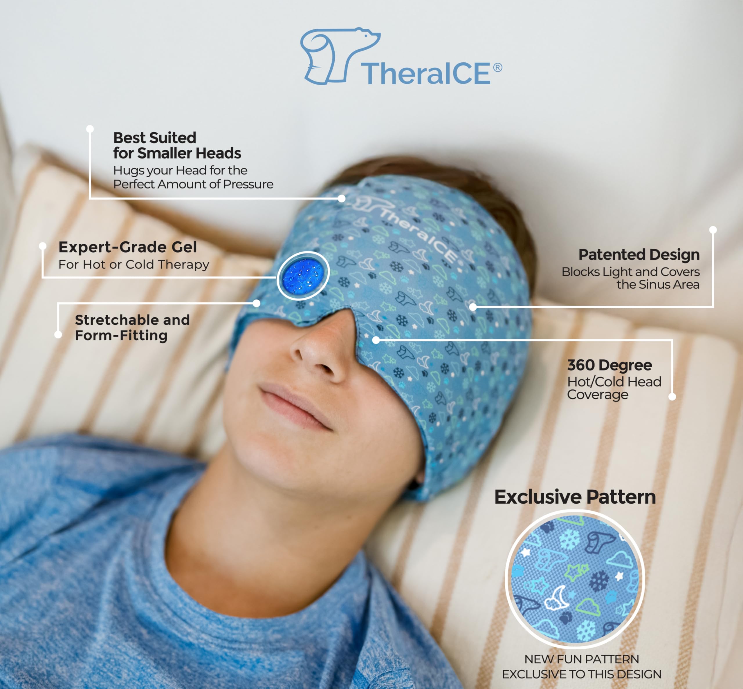 TheraICE Headache Relief Cap, Migraine Ice Pack Mask Products, Women Cooling Gel Hat, Face Cold Compress Head Wrap for Her Stress. Great Birthday Gift for Mom, Sister, Grandma, Girlfriend, & Teacher